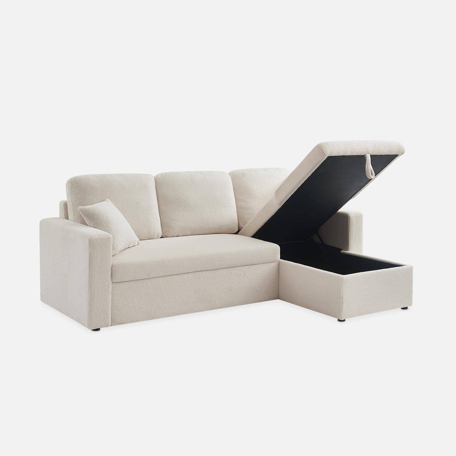 Witte bedbank van boucléstof met chaise longue en opbergruimte - IDA - 3-zits, omkeerbare hoeksalon, opbergruimte, zetelbed,sweeek,Photo8