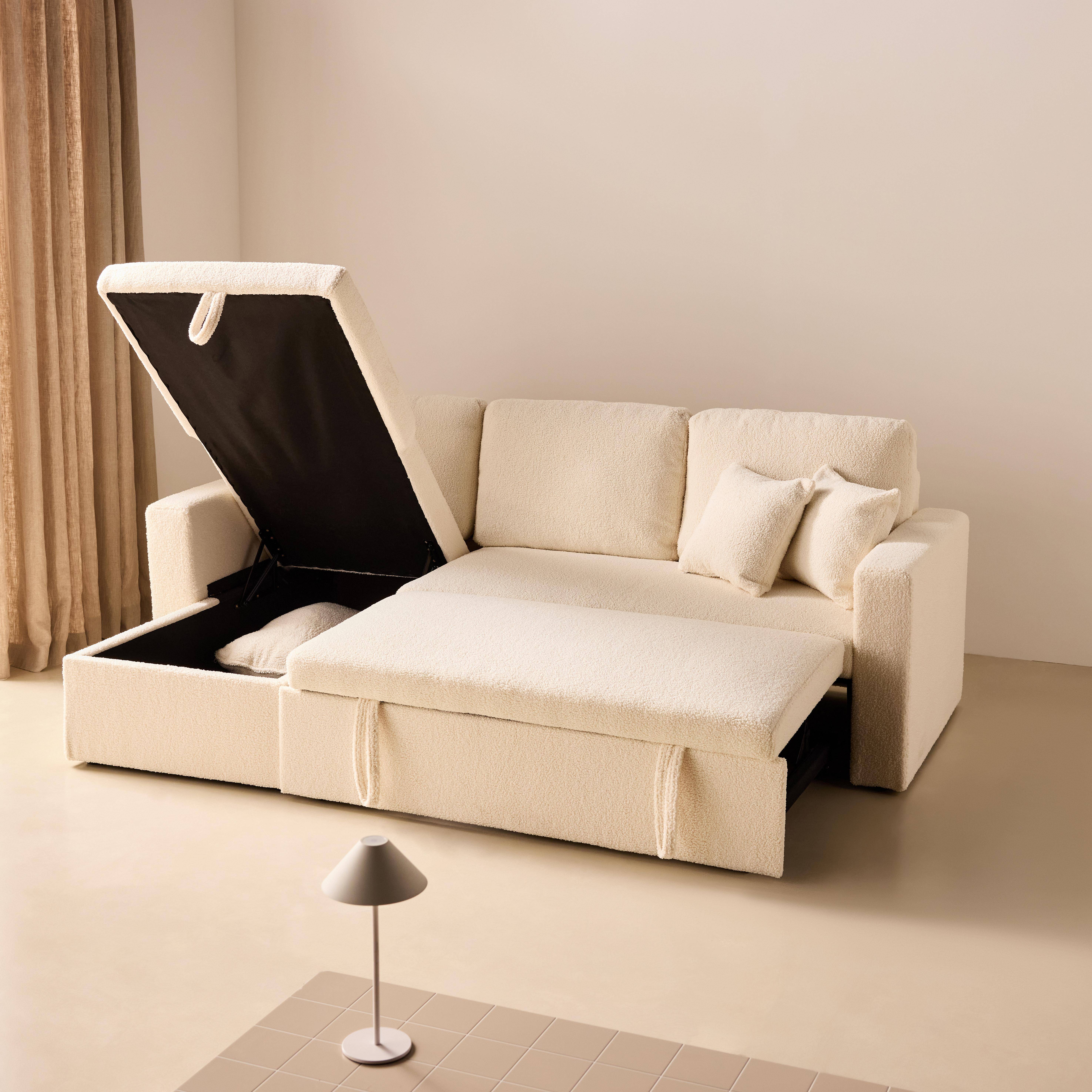 Canapé d'angle convertible en tissu bouclettes crème - IDA - 3 places, fauteuil d'angle réversible coffre rangement lit modulable  Photo5