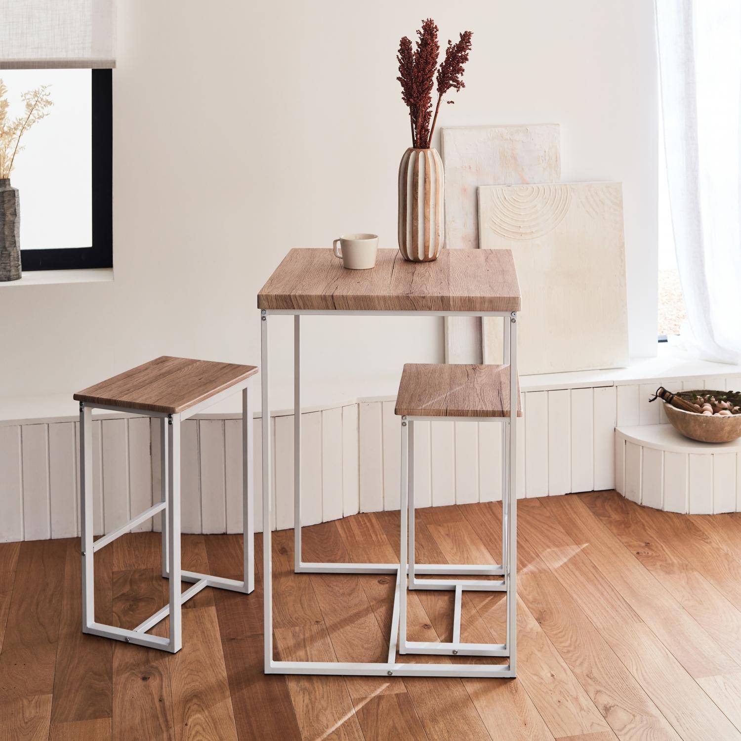 Set table haute carré - Loft - avec 2 tabourets de bar, acier et décor bois, encastrable, design Photo2