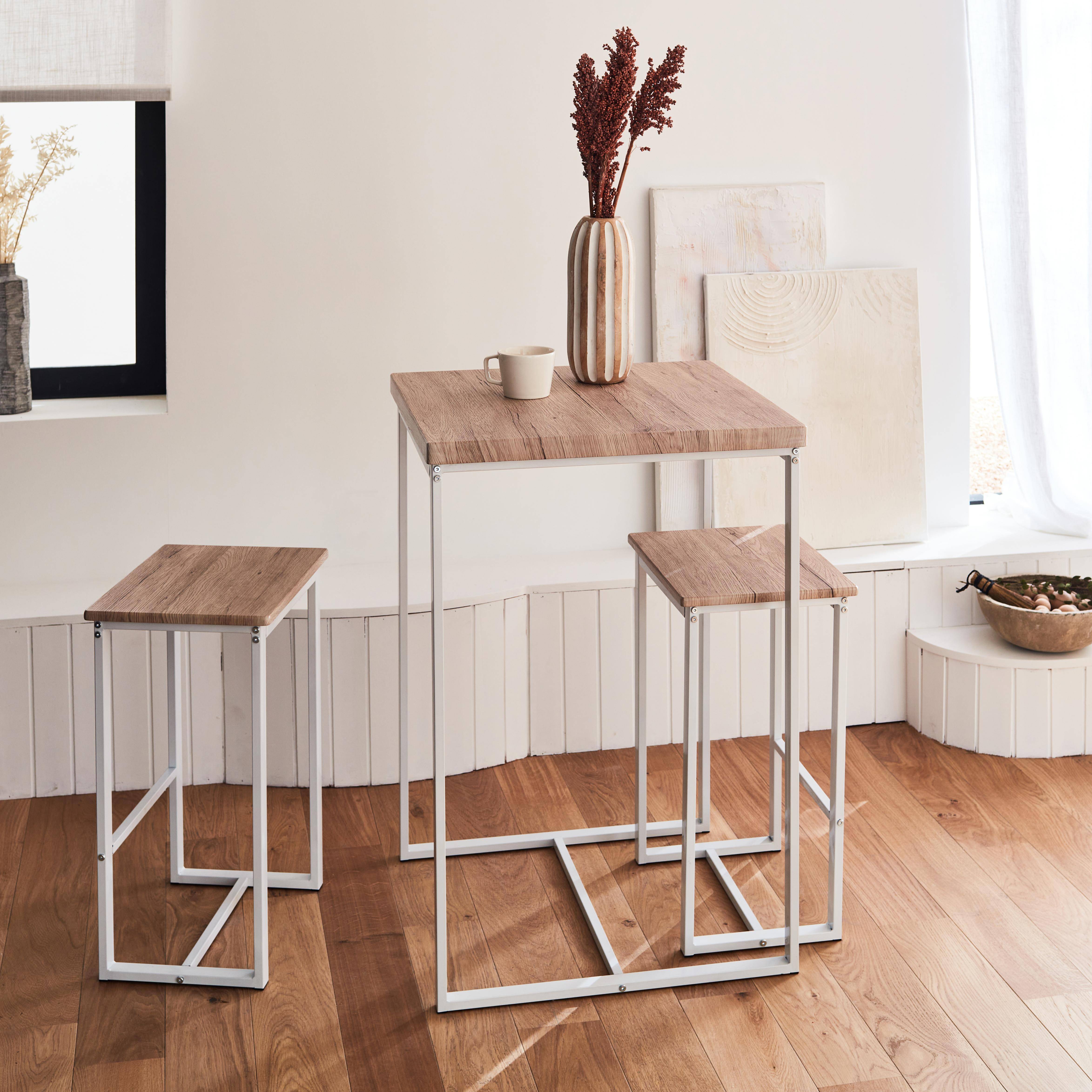 Set di tavoli alti quadrati - Loft - con 2 sgabelli da bar, decoro in acciaio e legno, da incasso, design Photo1