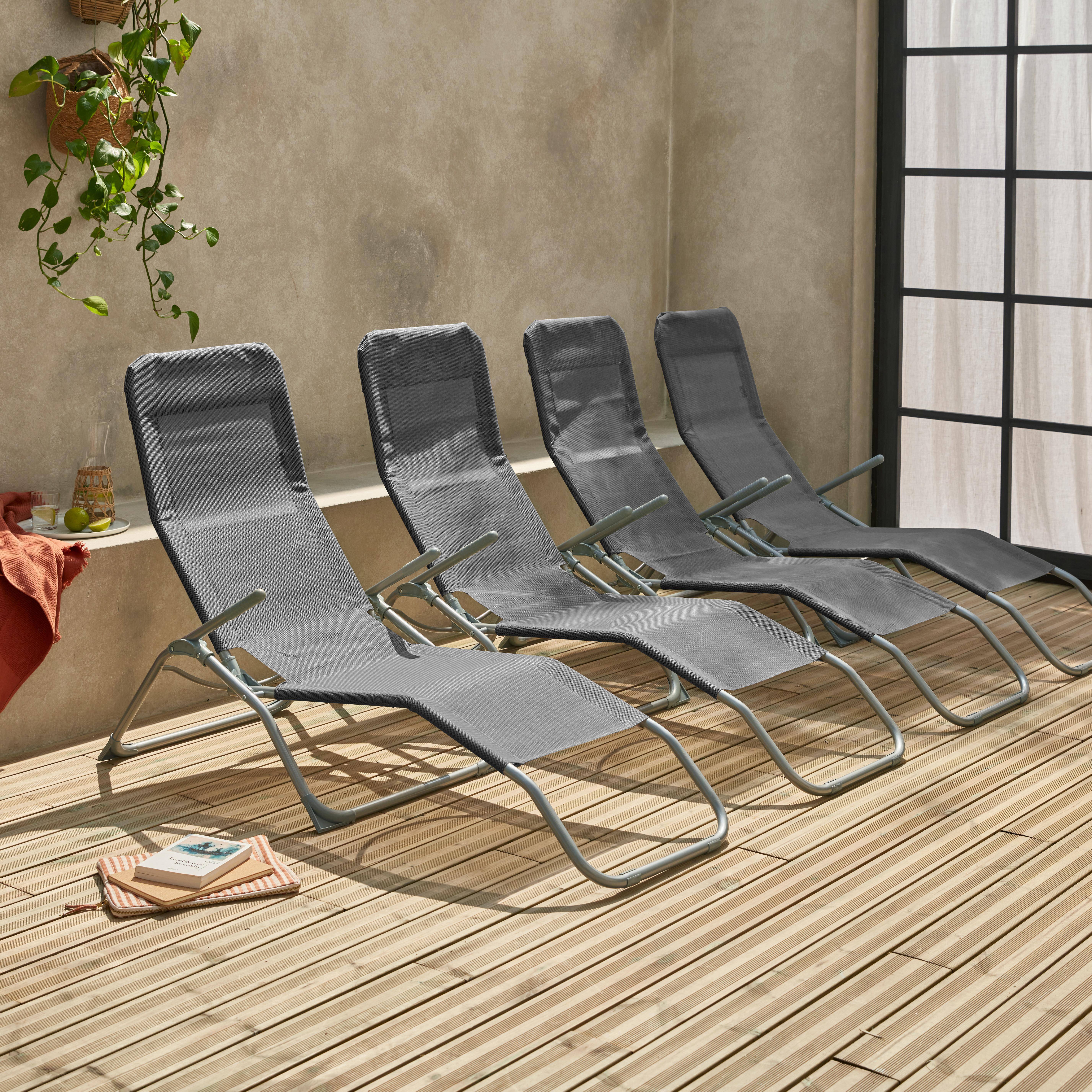 Set of 4 textilene folding sun loungers with 2 positions
