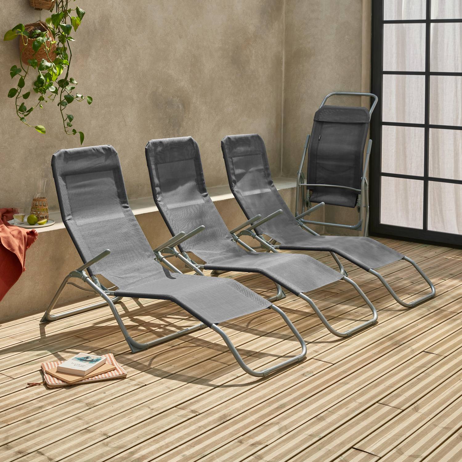 Set mit 4 zusammenklappbaren Sonnenliegen - Levito dunkelgrau - Textilene Liegestühle mit 2 Positionen, Liegestühle Photo2