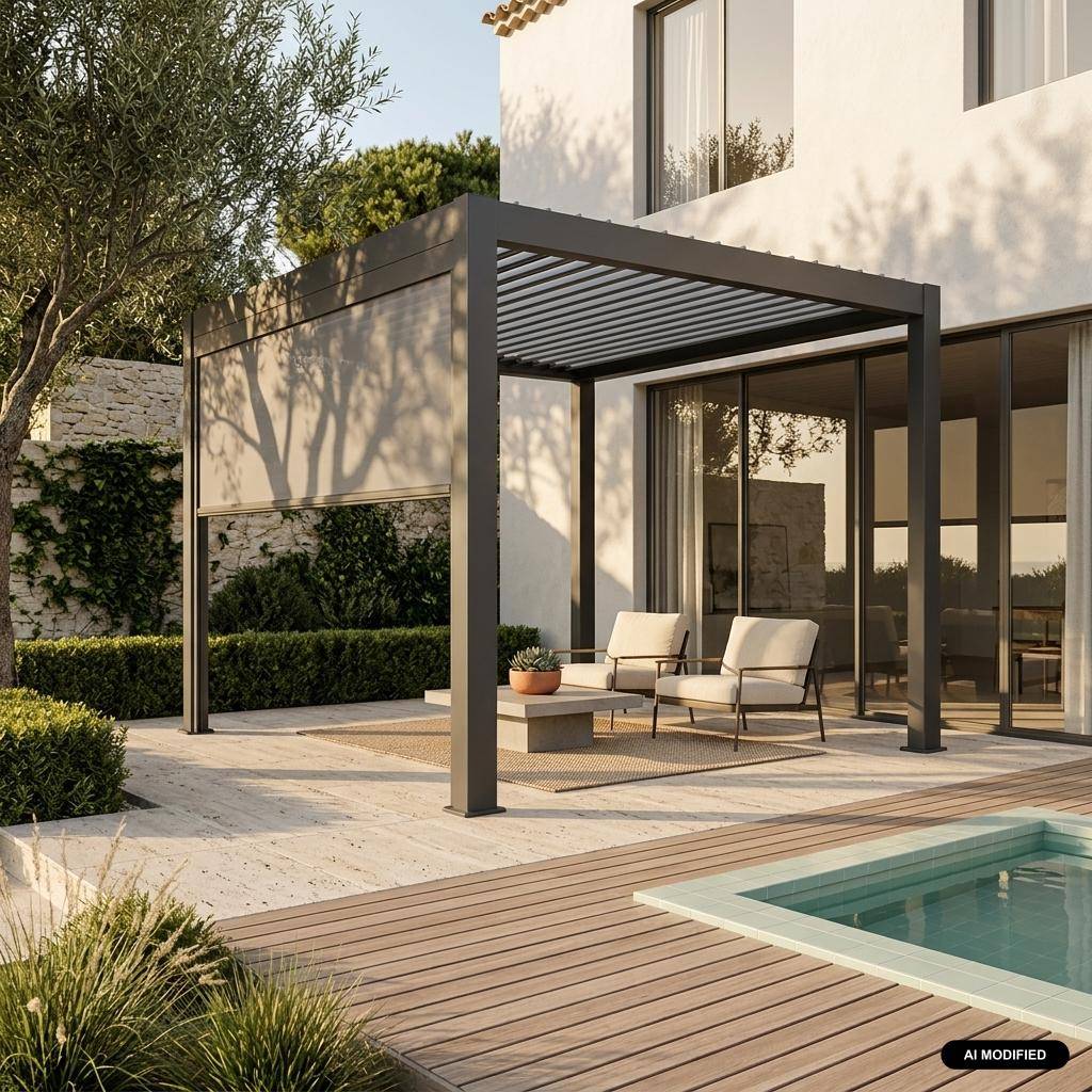 Pérgola bioclimática 3x4m + 1 toldo vertical de 3m, Triomphe 3x4m + accesorio, Antracita, 400x300x250 cm Photo1