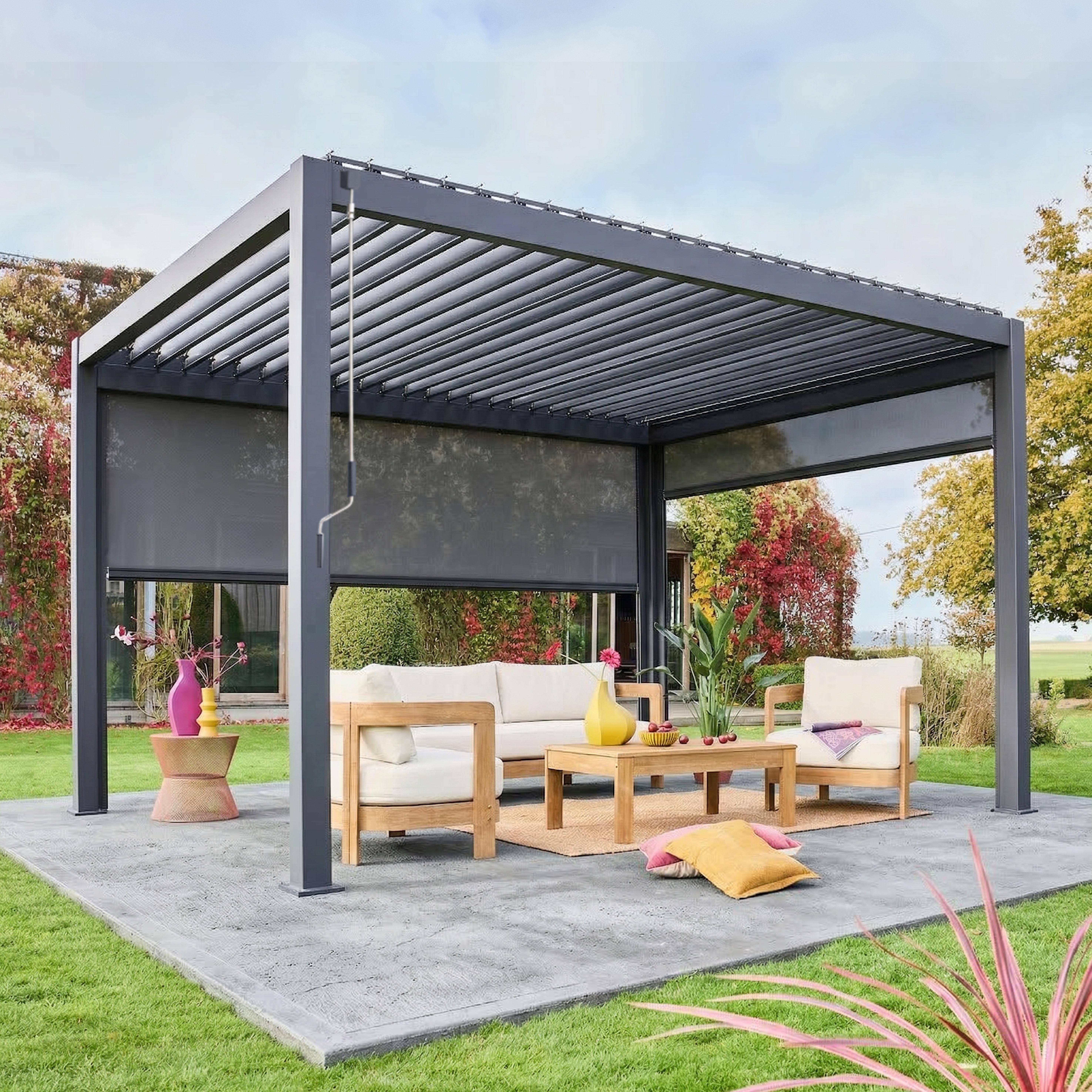 Pergola met lamellendak 4x3m aluminium met verstelbare lamellen en 1 zonnescherm 3m en 1 zonnescherm 4m antraciet - Triomphe Photo3