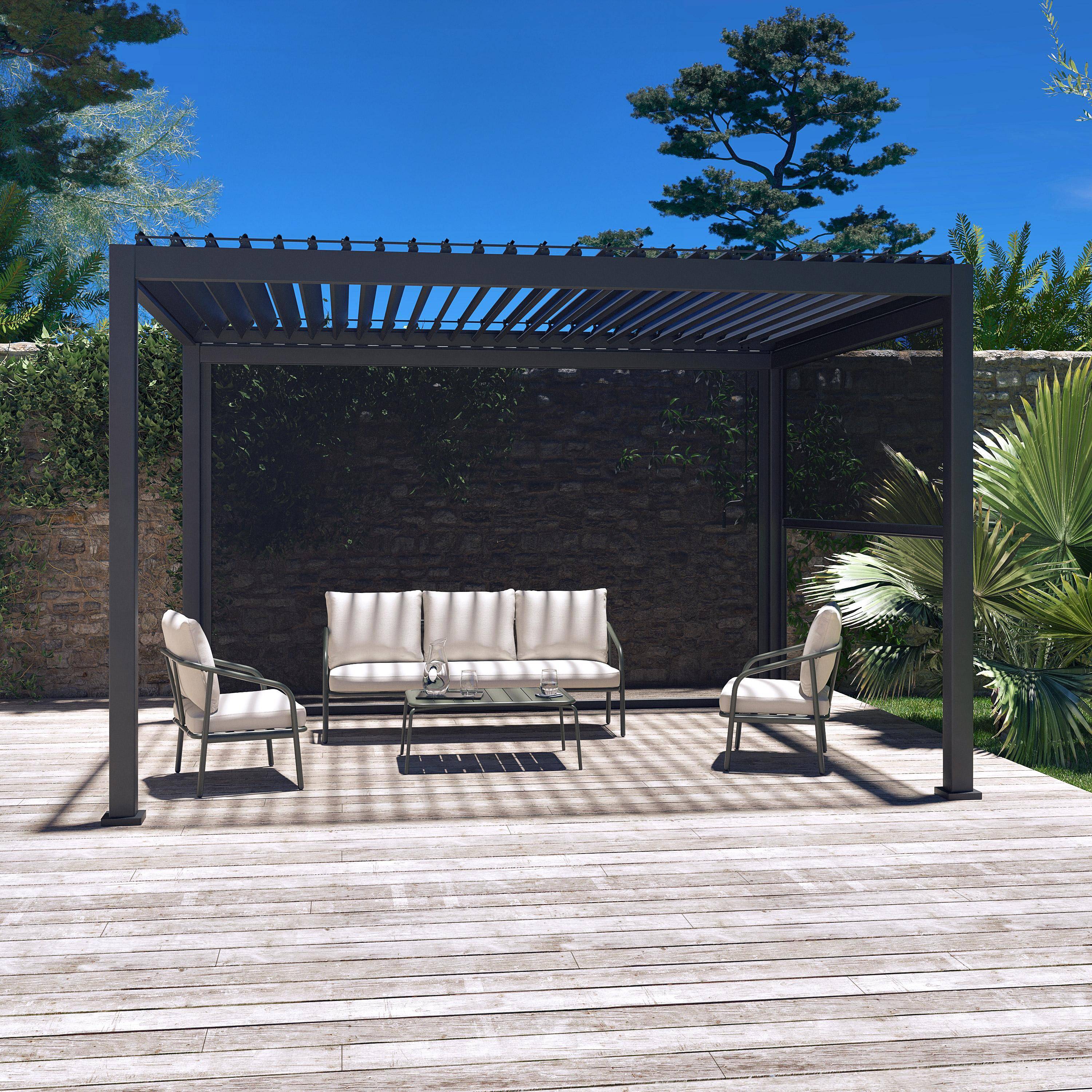 3x4m louvered pergola + privacy screens 3m and 4m, Triomphe + screens, Anthracite, 400x300x250 cm Photo1