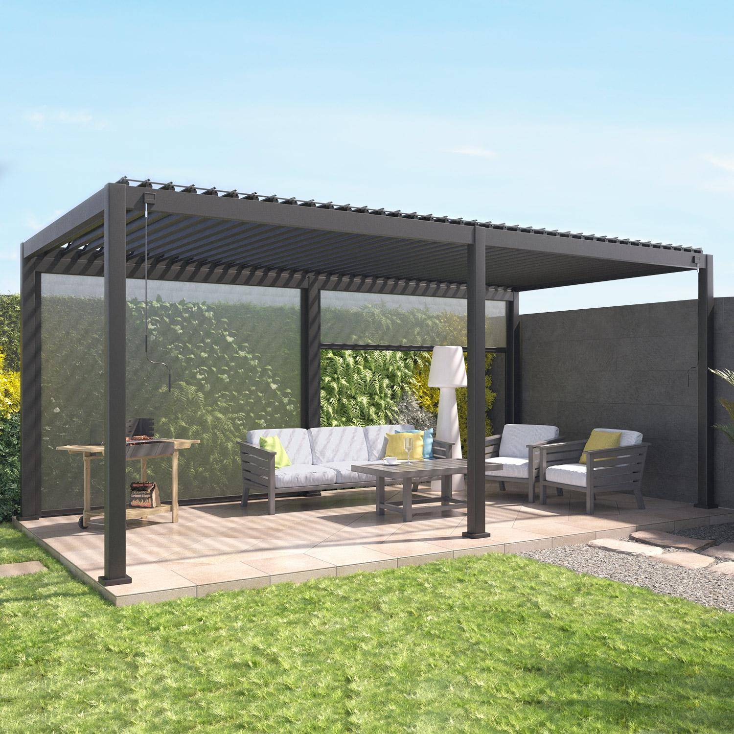 Pergola bioclimatique aluminium 3x6m + 2 stores 3m Triomphe
