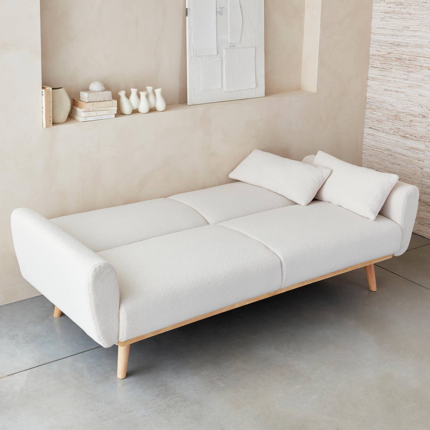 Sofá-cama com caracóis brancos - Oskar - 2 - 3 lugares retilíneo escandinavo com pernas de madeira Photo2