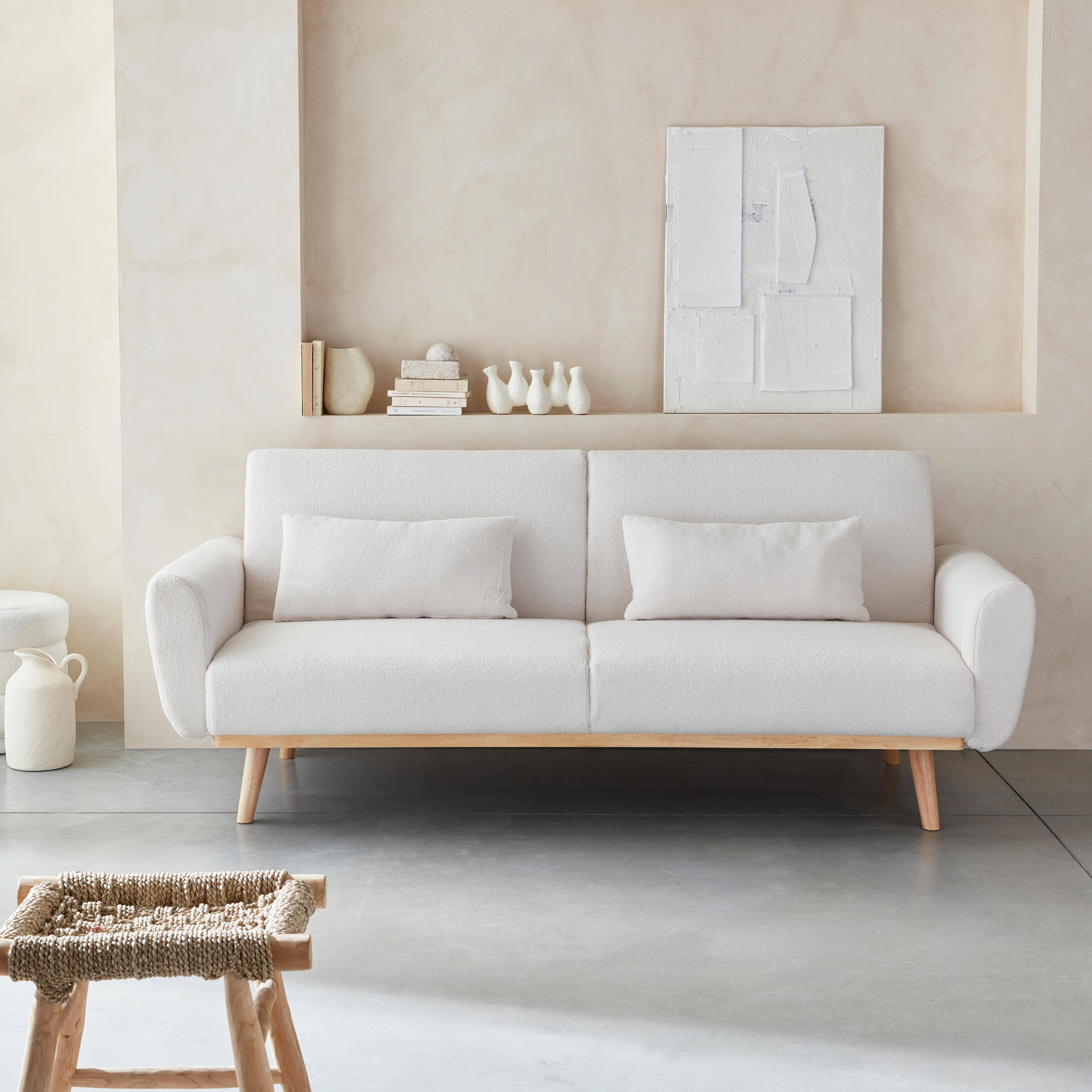 2-3-Sitzer Sofa mit Bouclé-Bezug Schlaffunktion und Holzbeinen - Oskar