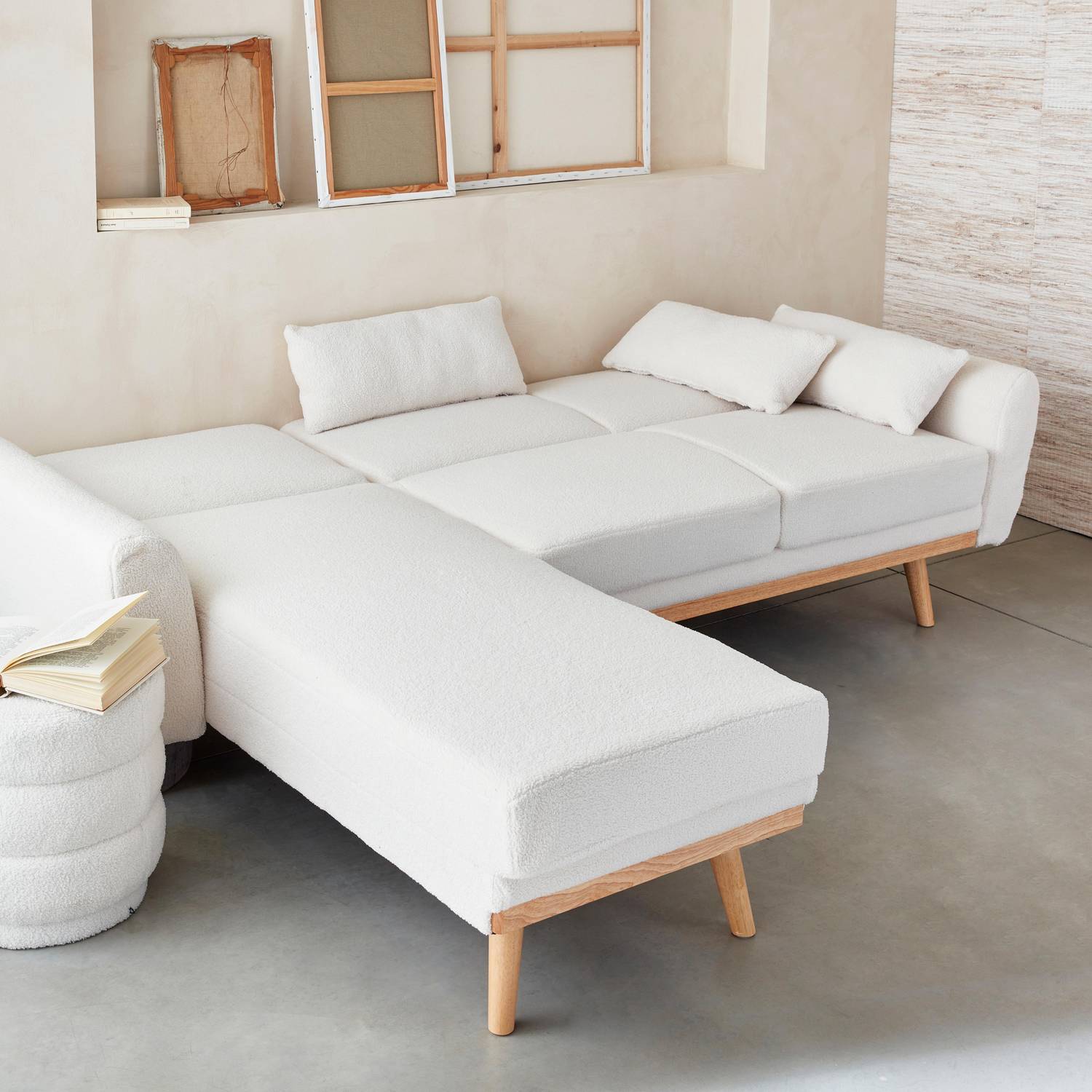 Sofá-cama de canto de 3 lugares reversível, tecido encaracolado branco, pernas de madeira Photo2