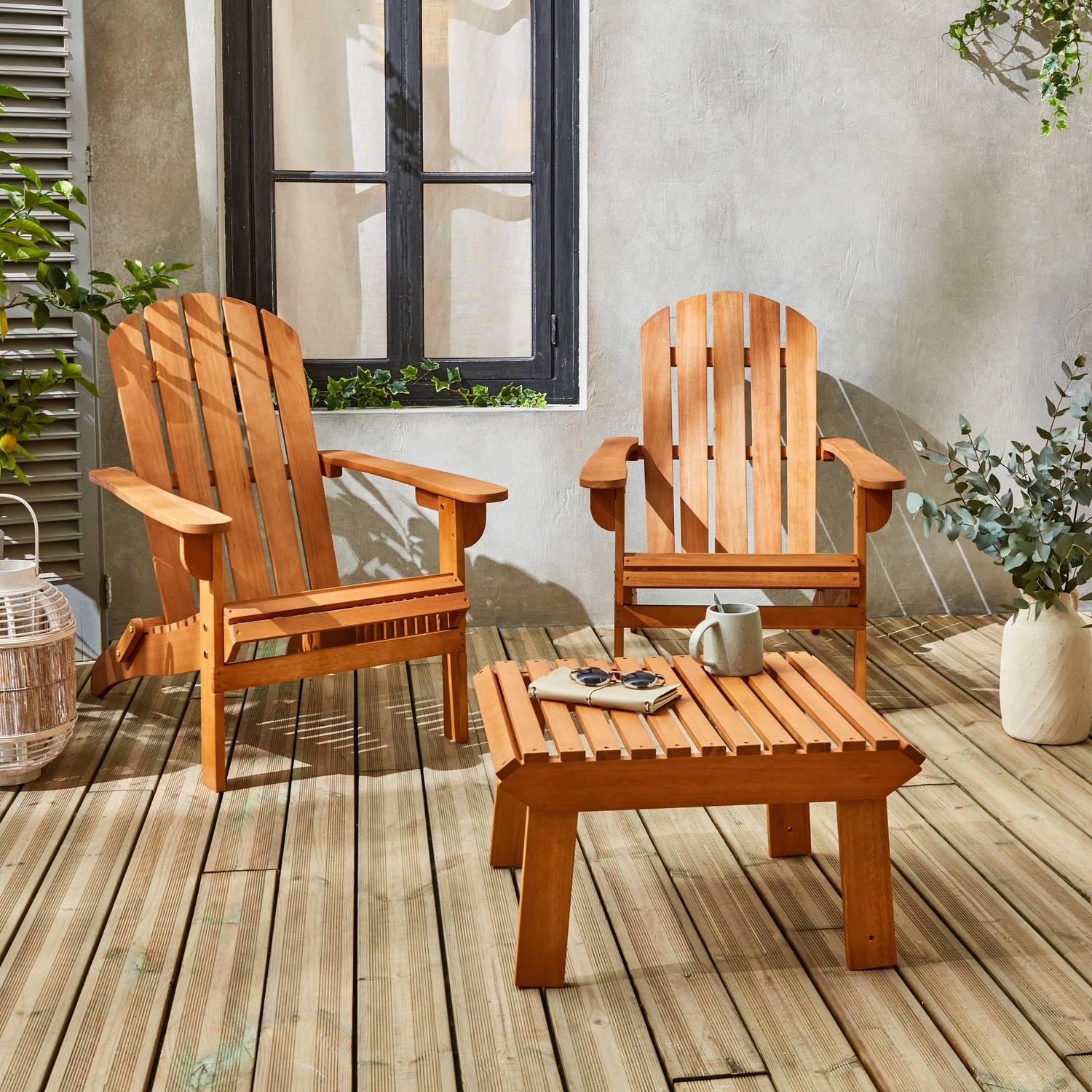 Lot de 2 fauteuils de jardin en bois avec un repose-pieds/table basse - Adirondack Salamanca - Eucalyptus FSC, chaises de terrasse retro Photo1