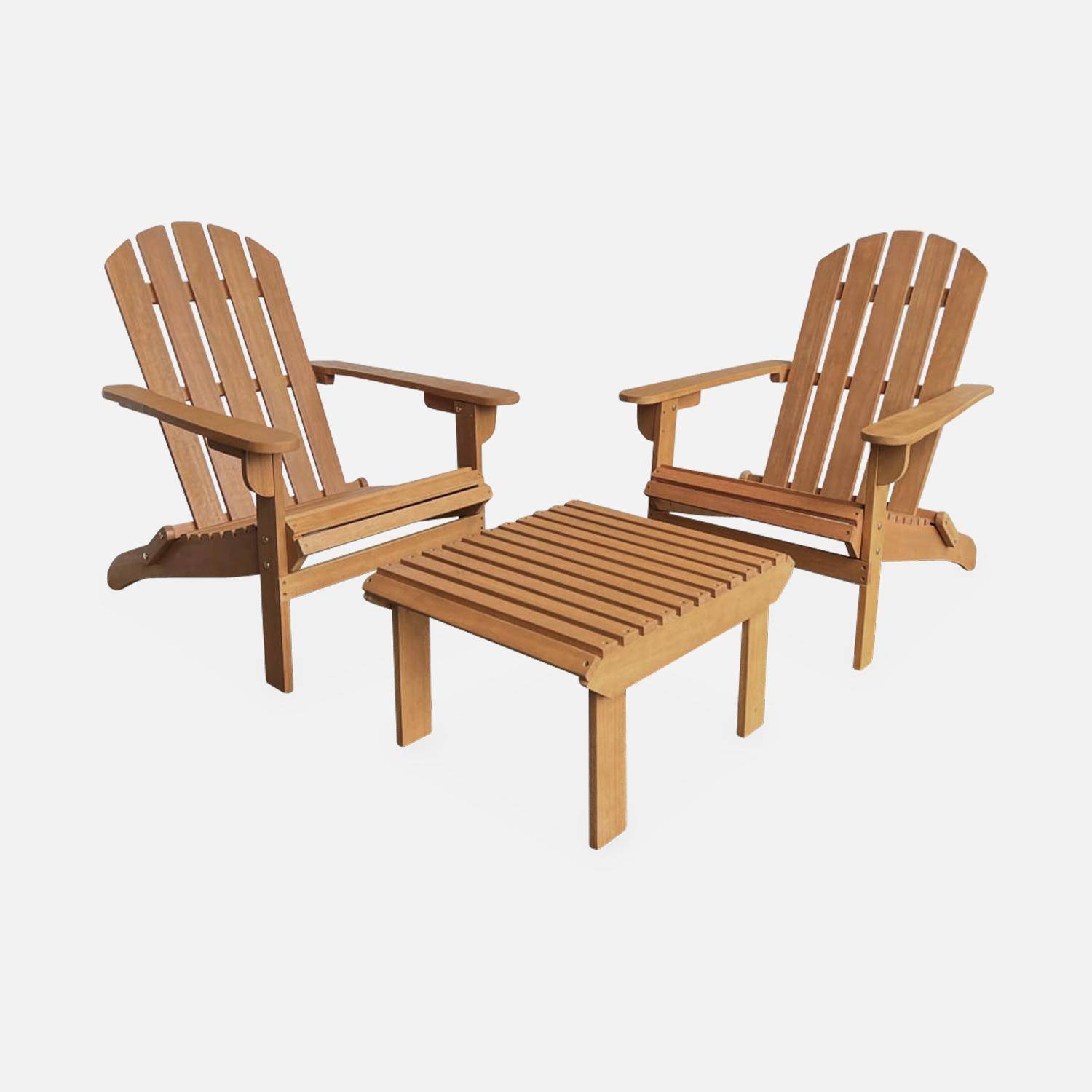 Lot de 2 fauteuils de jardin en bois avec un repose-pieds/table basse - Adirondack Salamanca - Eucalyptus FSC, chaises de terrasse retro Photo2