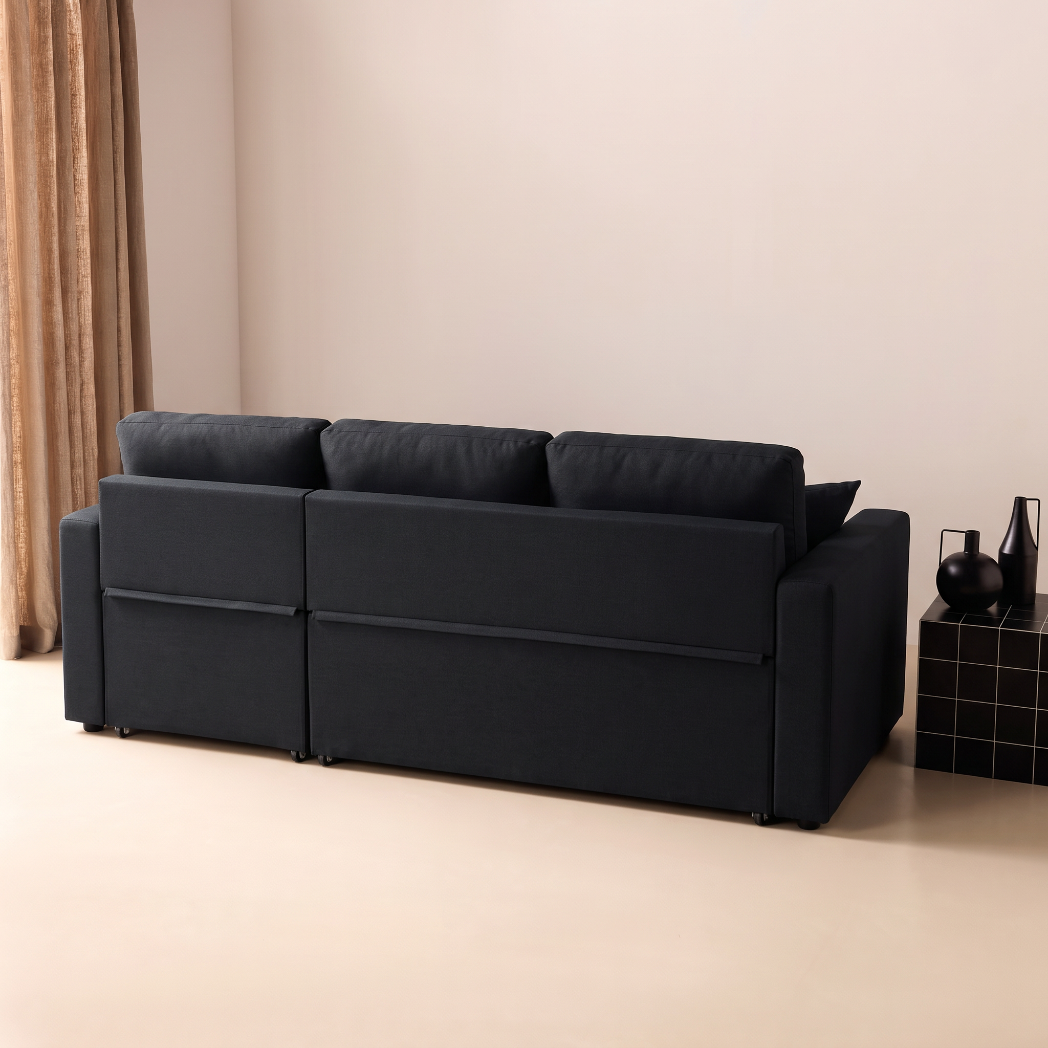 Canapé d'angle convertible en tissu noir - IDA - 3 places, fauteuil d'angle réversible coffre rangement lit modulable  Photo6