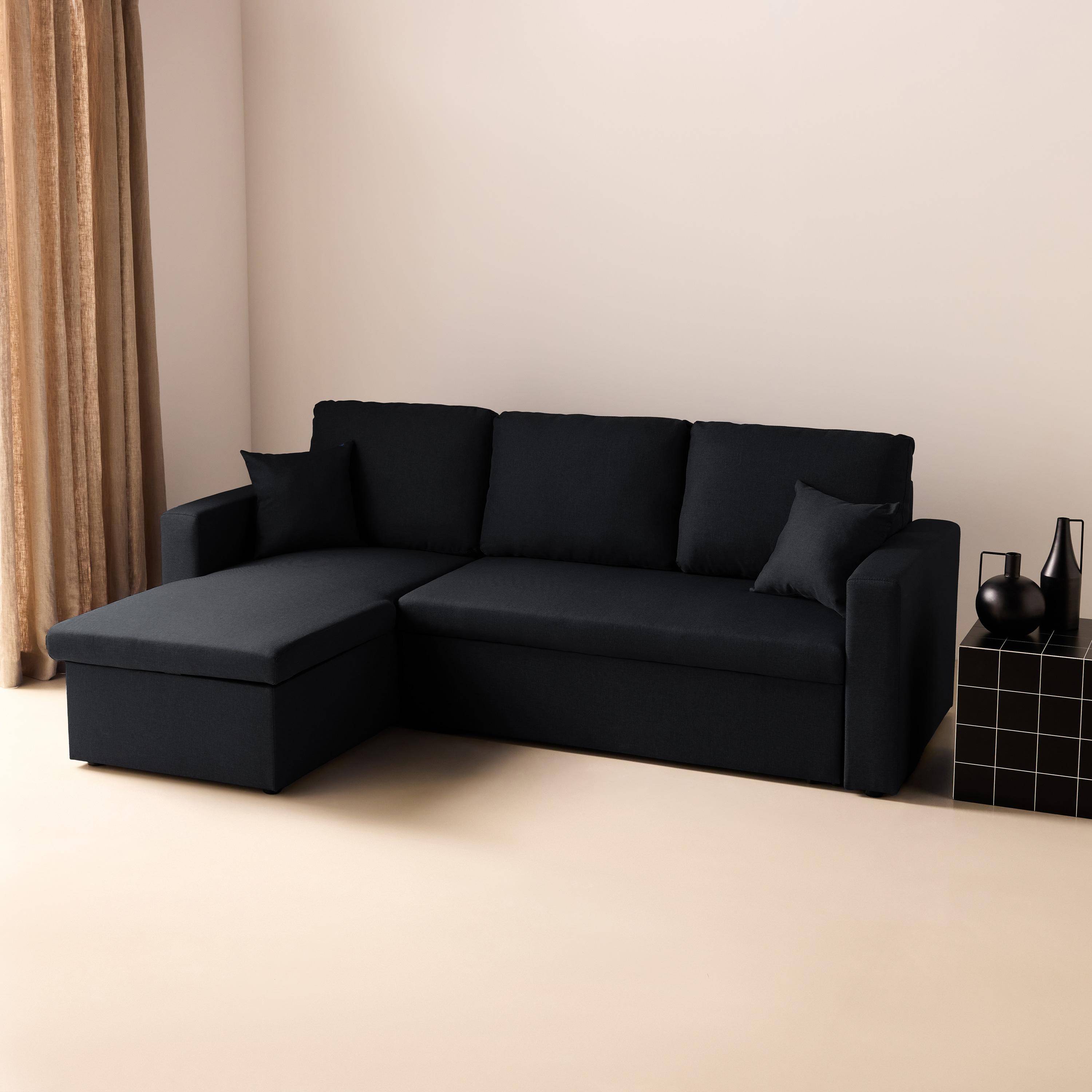 Canapé d'angle convertible en tissu noir - IDA - 3 places, fauteuil d'angle réversible coffre rangement lit modulable ,sweeek,Photo2