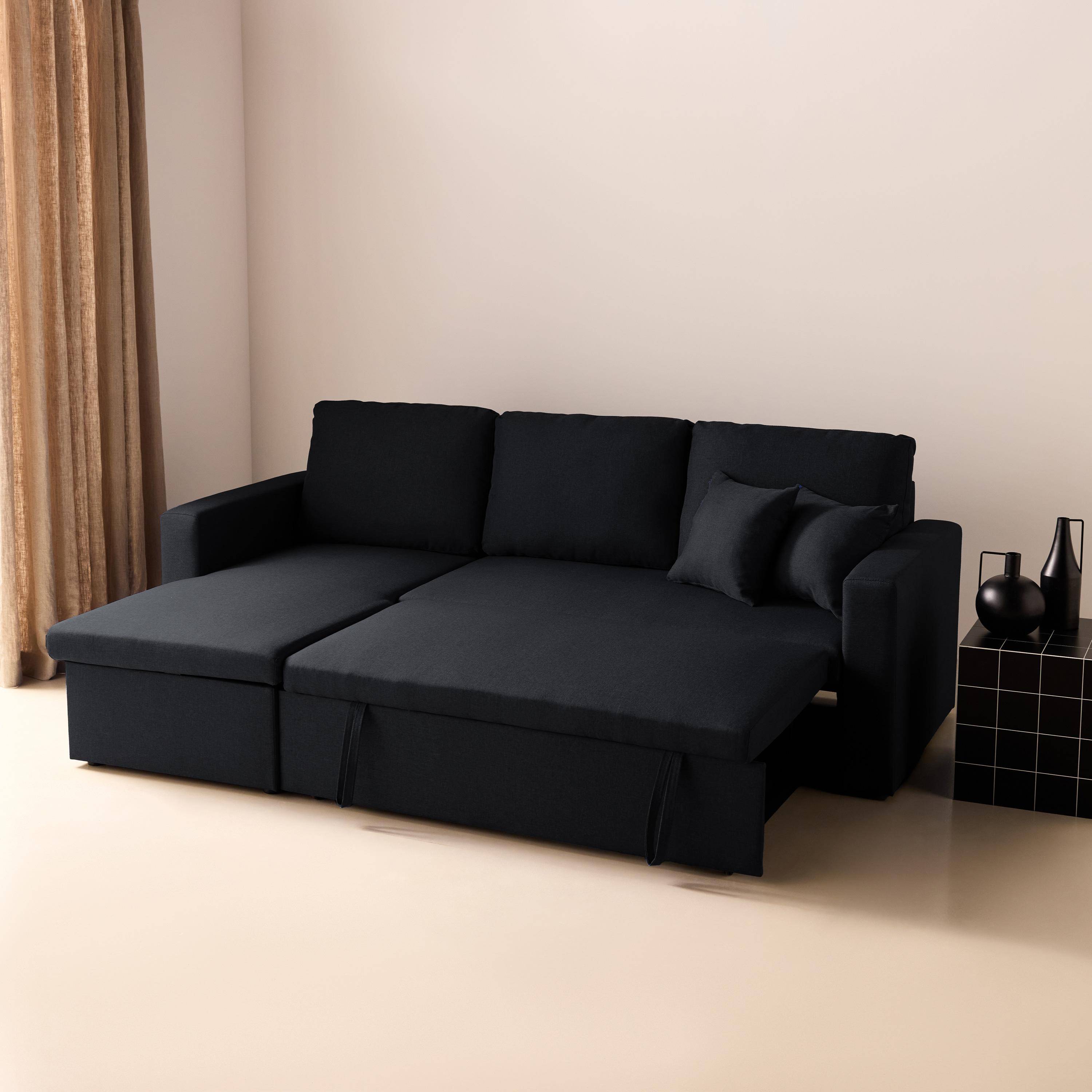 Canapé d'angle convertible en tissu noir - IDA - 3 places, fauteuil d'angle réversible coffre rangement lit modulable  Photo3