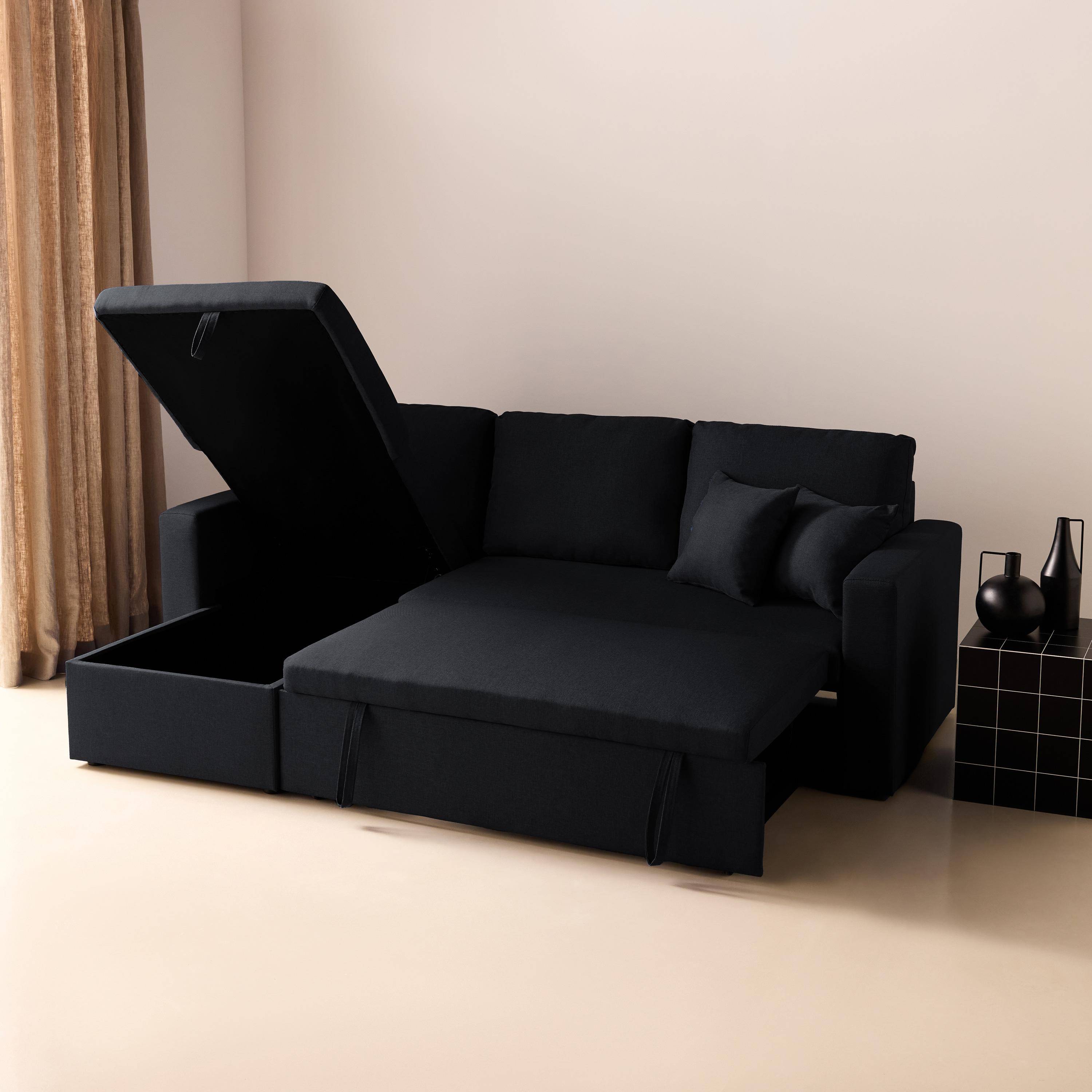 Canapé d'angle convertible en tissu noir - IDA - 3 places, fauteuil d'angle réversible coffre rangement lit modulable  Photo4