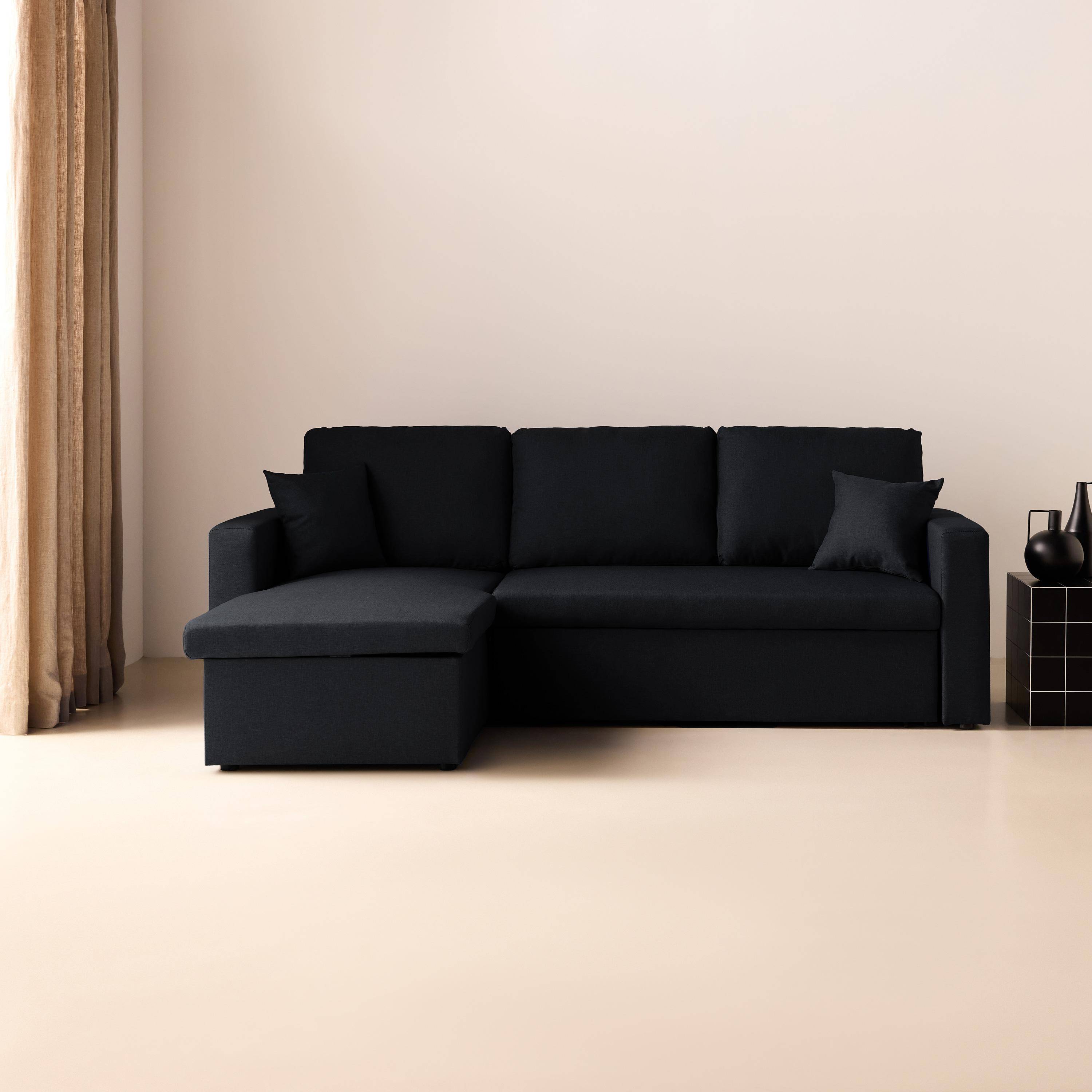 Canapé d'angle convertible en tissu noir - IDA - 3 places, fauteuil d'angle réversible coffre rangement lit modulable  Photo1