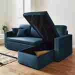 Sofá de canto convertível em veludo azul petróleo, 3 lugares, cadeirão de canto reversível, caixa de arrumação, cama modular Photo2