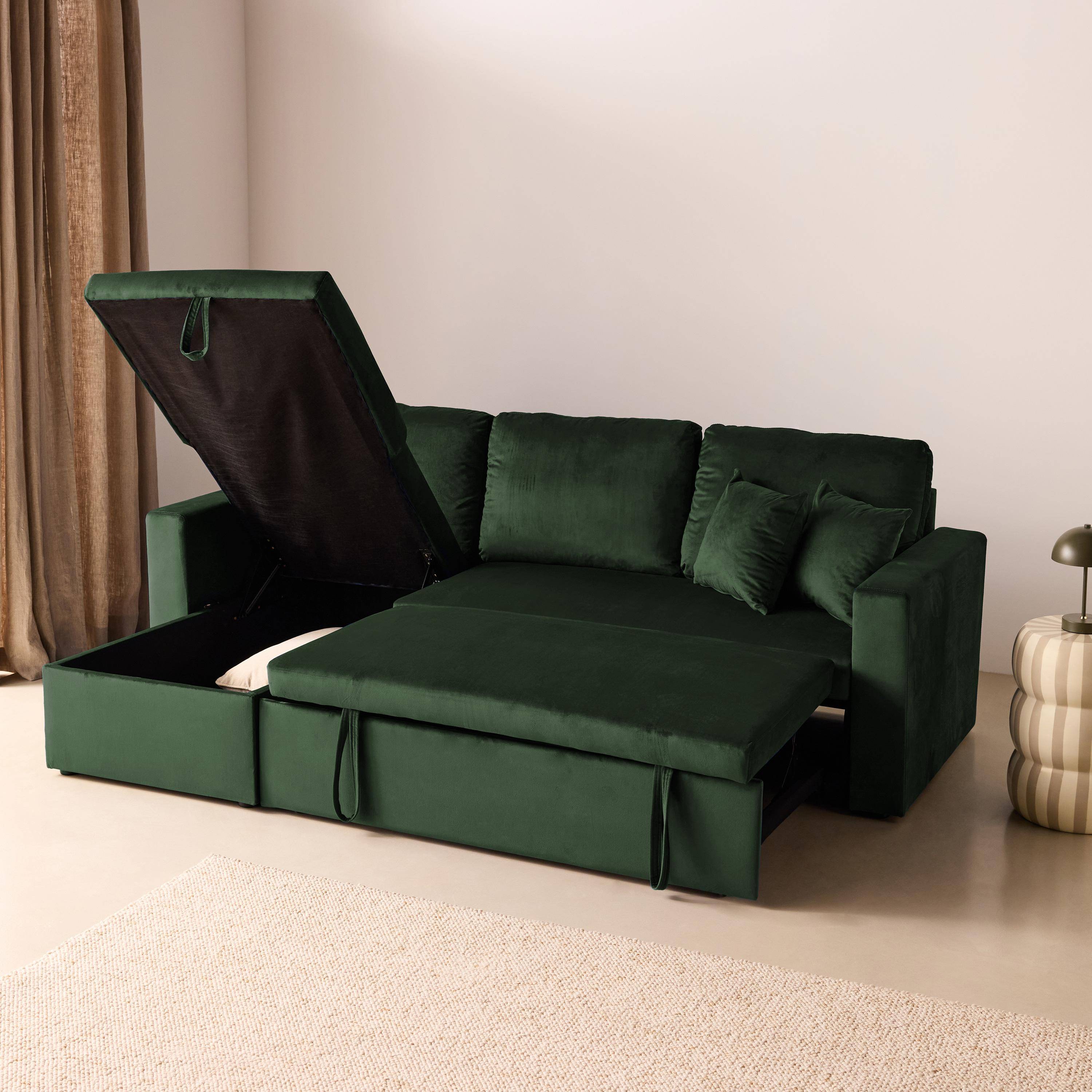 Divano letto angolare reversibile in velluto con contenitore, 3 posti Verde inglese - 220x146x83 cm,sweeek,Photo6