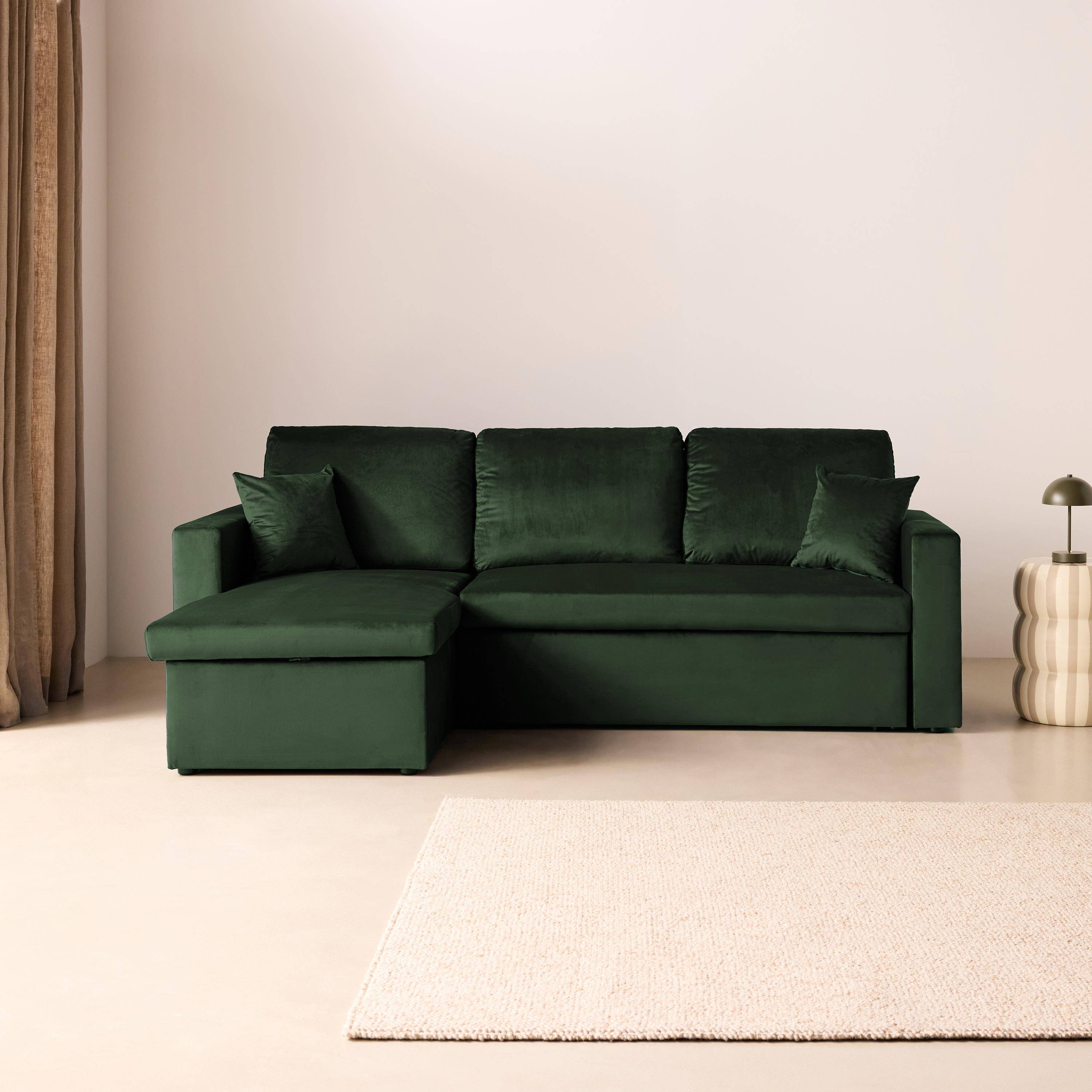 Divano letto angolare reversibile in velluto con contenitore, 3 posti Verde inglese - 220x146x83 cm Photo1