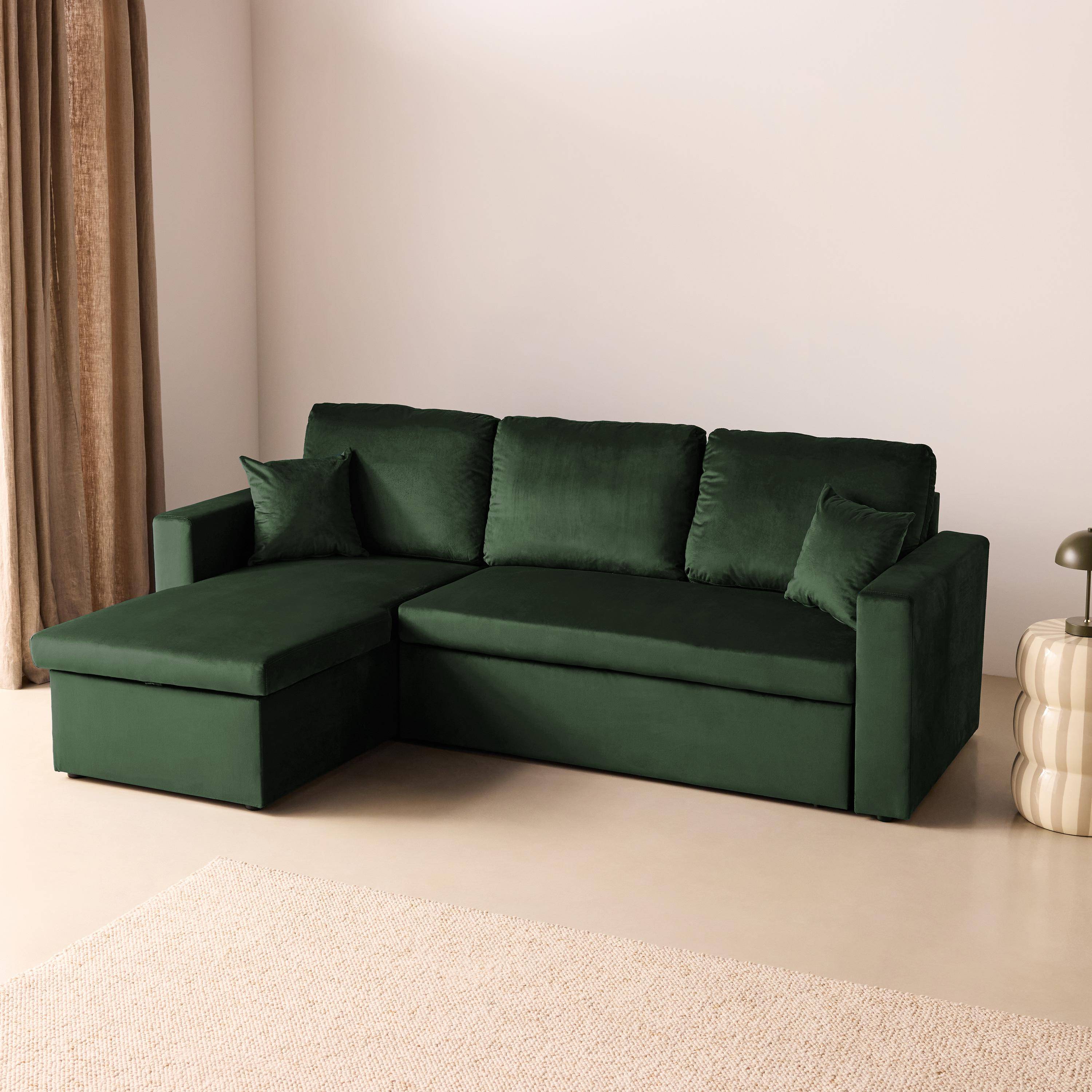 Divano letto angolare reversibile in velluto con contenitore, 3 posti Verde inglese - 220x146x83 cm Photo2