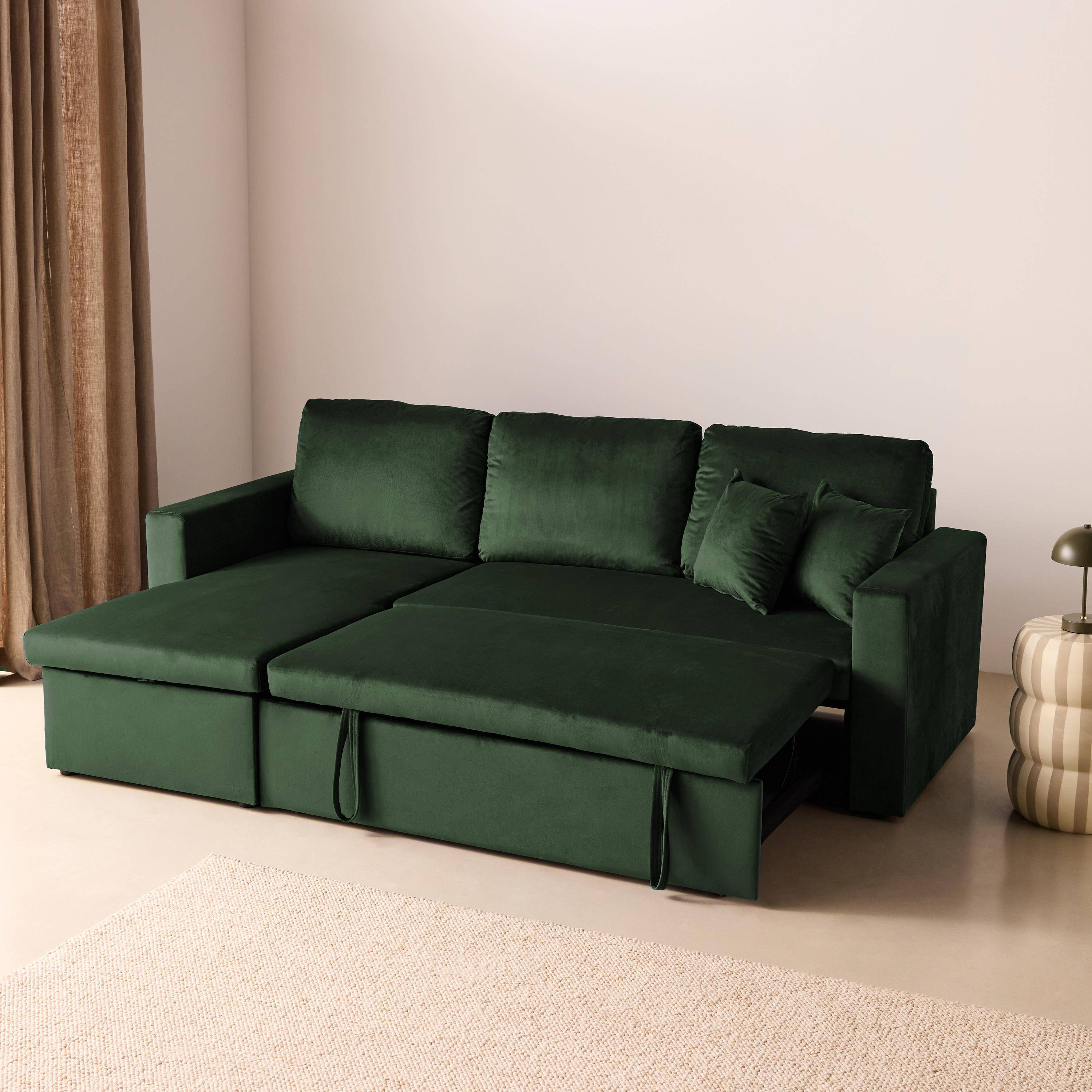 Divano letto angolare reversibile in velluto con contenitore, 3 posti Verde inglese - 220x146x83 cm,sweeek,Photo5