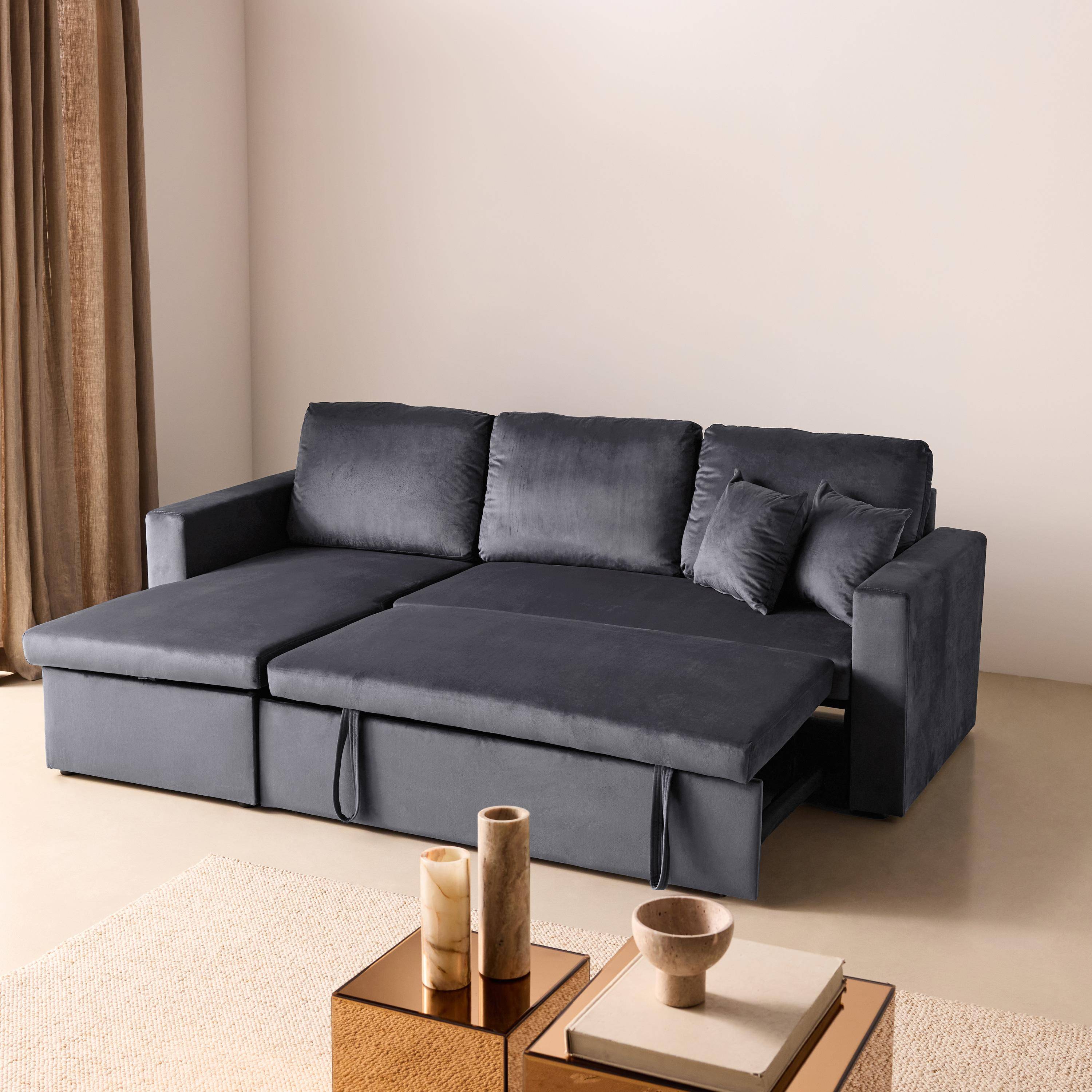 Canapé d'angle convertible en velours gris foncé 3 places, fauteuil d'angle réversible coffre rangement lit modulable ,sweeek,Photo5