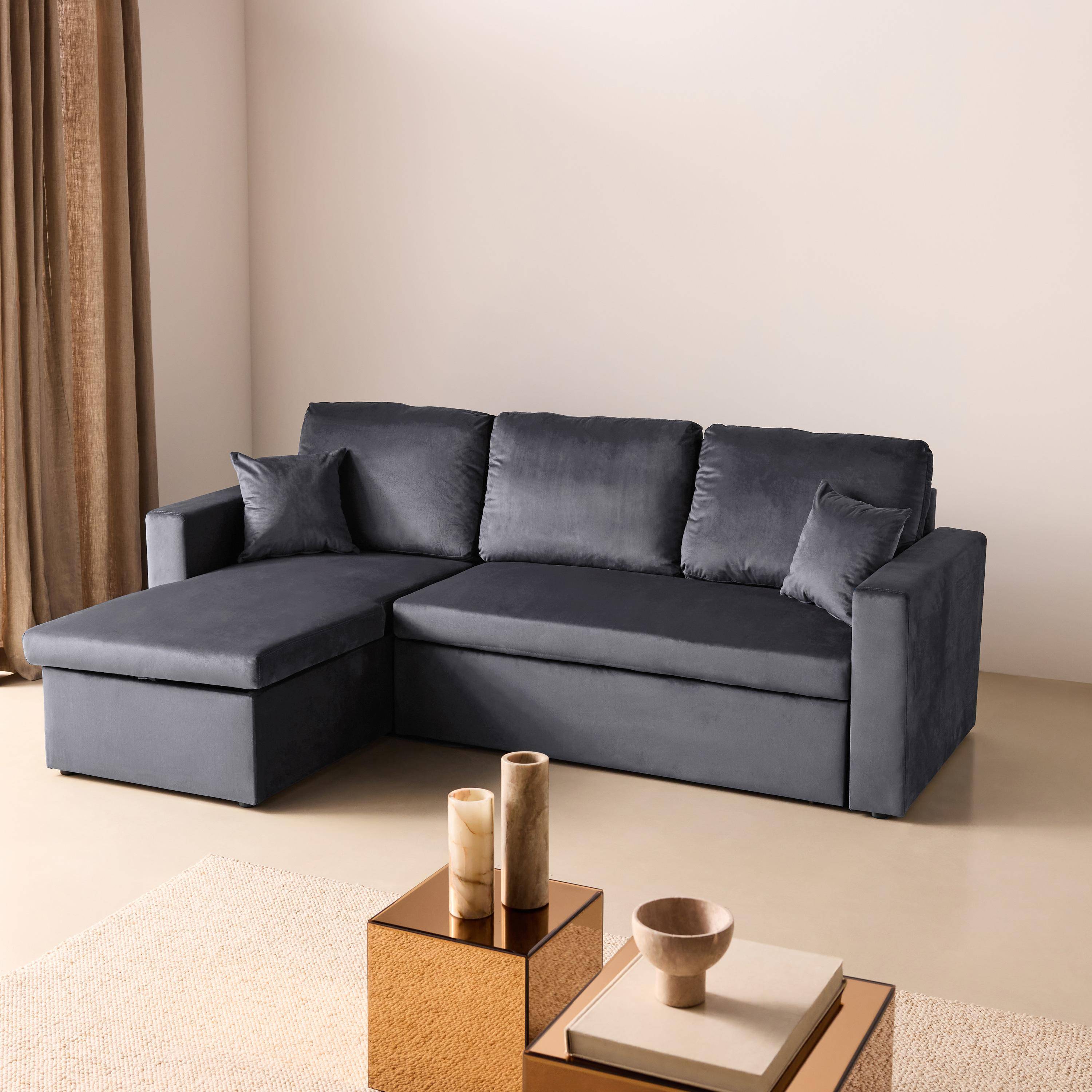 Canapé d'angle convertible en velours gris foncé 3 places, fauteuil d'angle réversible coffre rangement lit modulable ,sweeek,Photo2