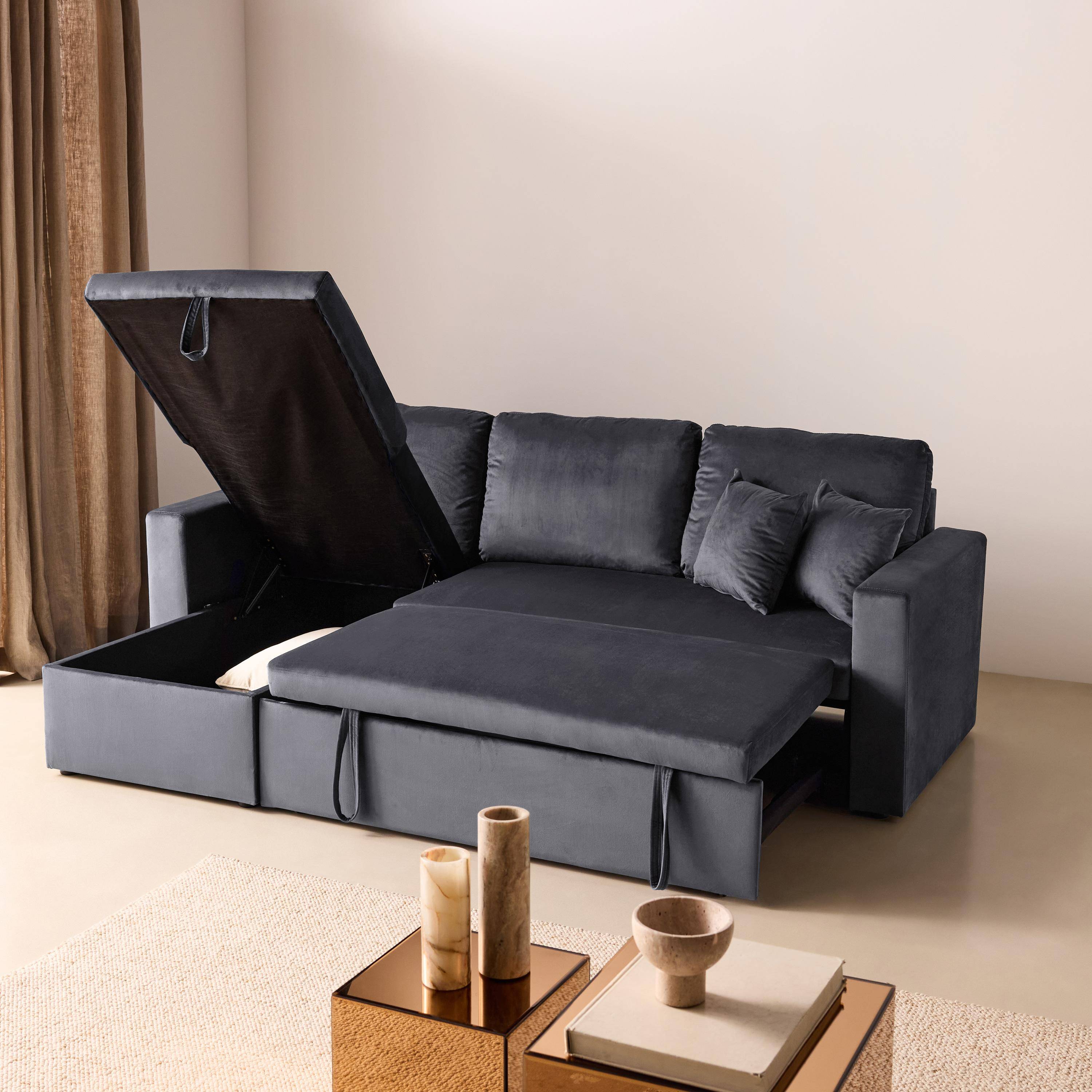 Canapé d'angle convertible en velours gris foncé 3 places, fauteuil d'angle réversible coffre rangement lit modulable  Photo6
