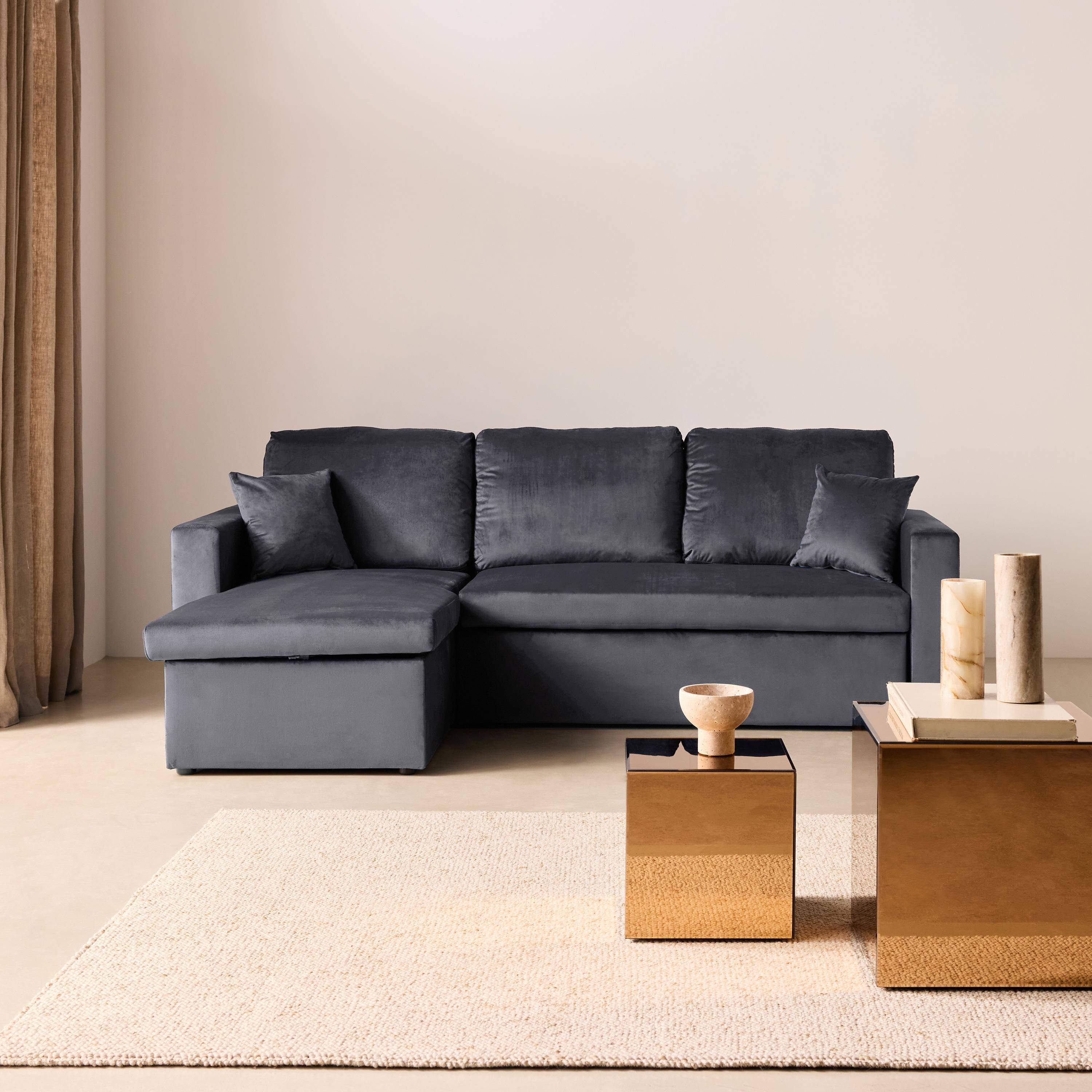 Canapé d'angle convertible en velours gris foncé 3 places, fauteuil d'angle réversible coffre rangement lit modulable  Photo1