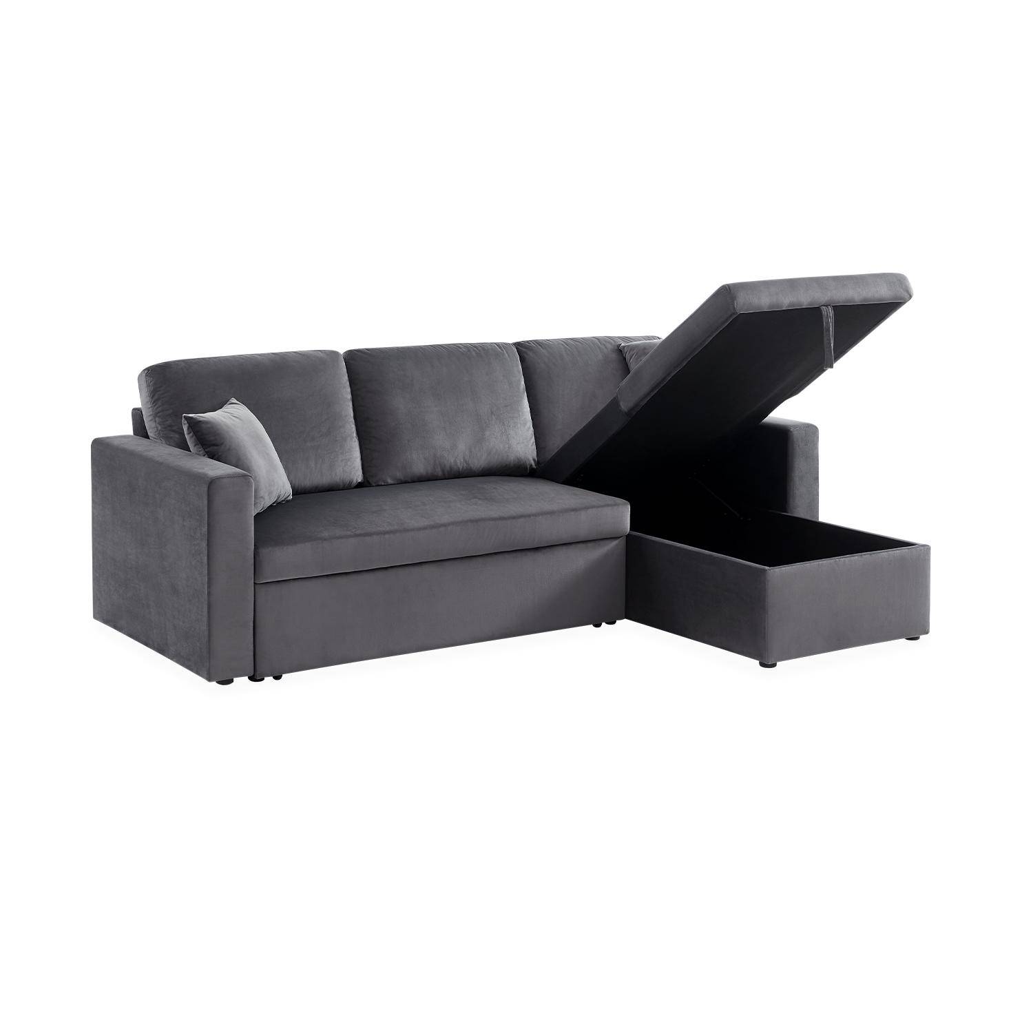 Sofá esquinero convertible de 3 plazas de terciopelo gris oscuro, sillón esquinero reversible, caja de almacenaje, cama modular Photo5