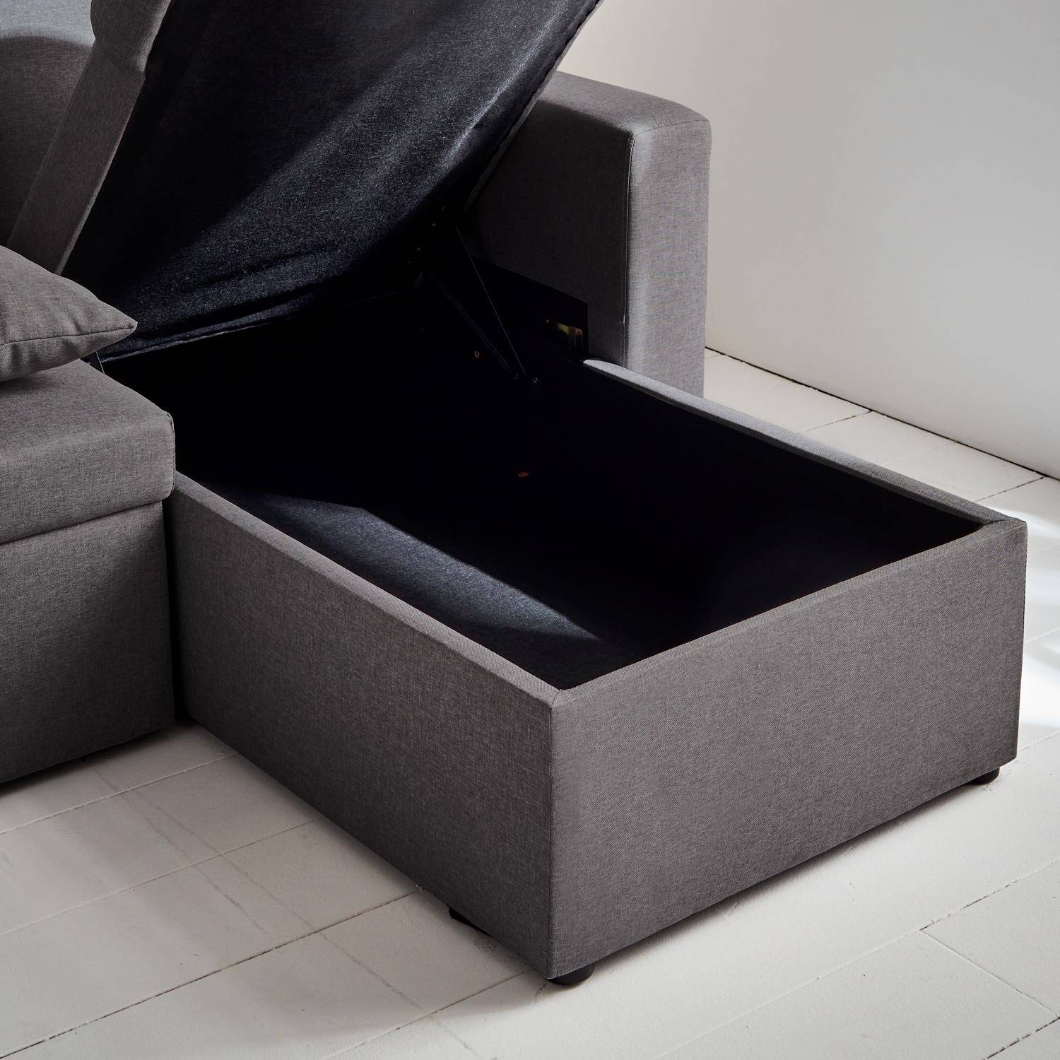 Sofá convertible panorámico de tela gris oscuro, 4 plazas, caja de almacenamiento, cama modular Photo5