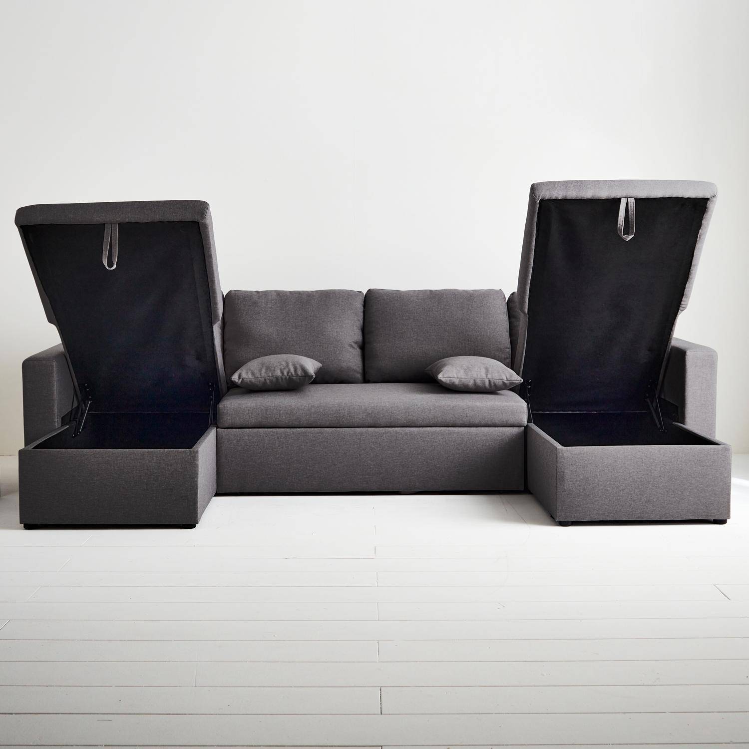 Sofá convertible panorámico de tela gris oscuro, 4 plazas, caja de almacenamiento, cama modular Photo3