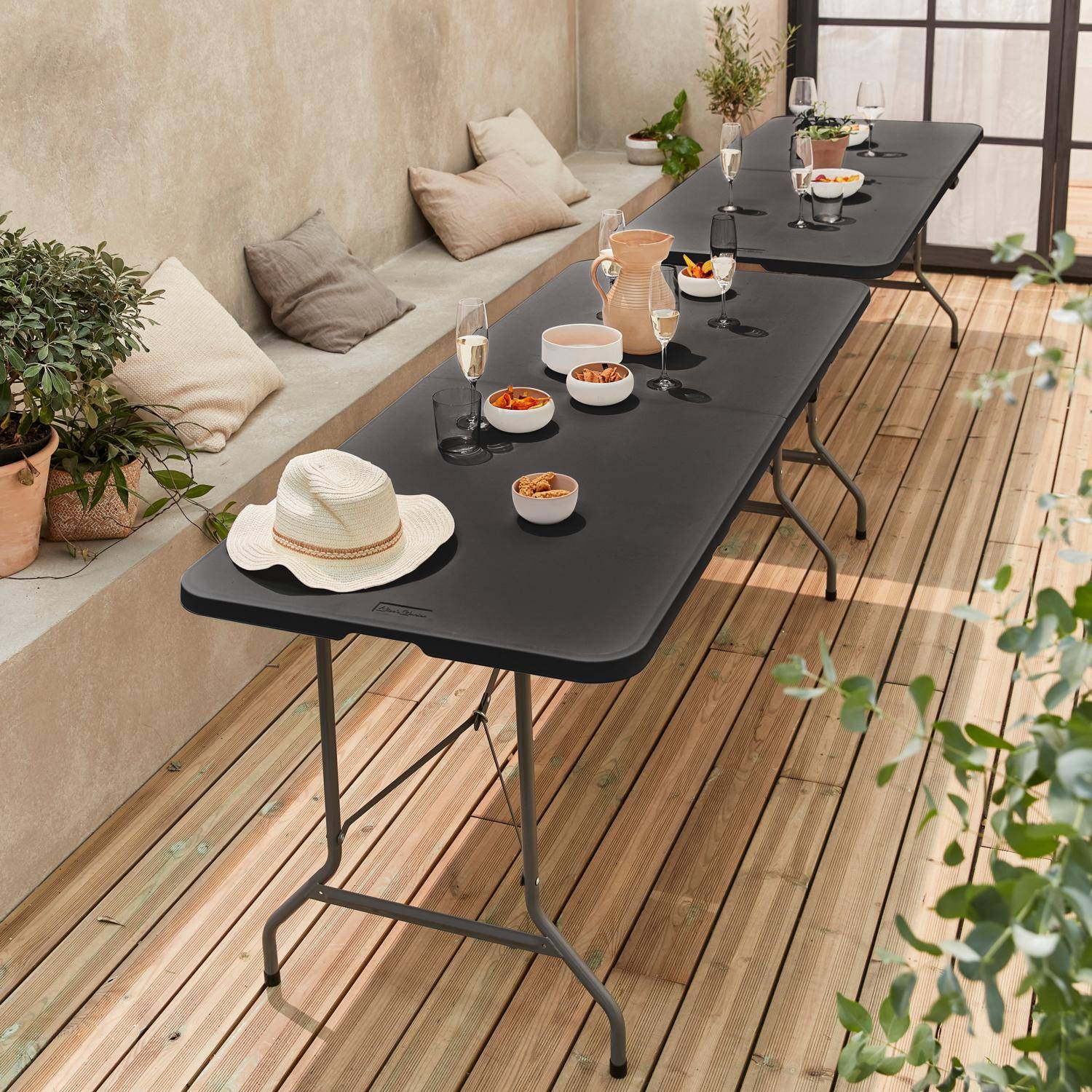 Set di 2 tavoli da ricevimento, 180 cm, pieghevoli, con maniglia per il trasporto, grigio scuro,sweeek,Photo2