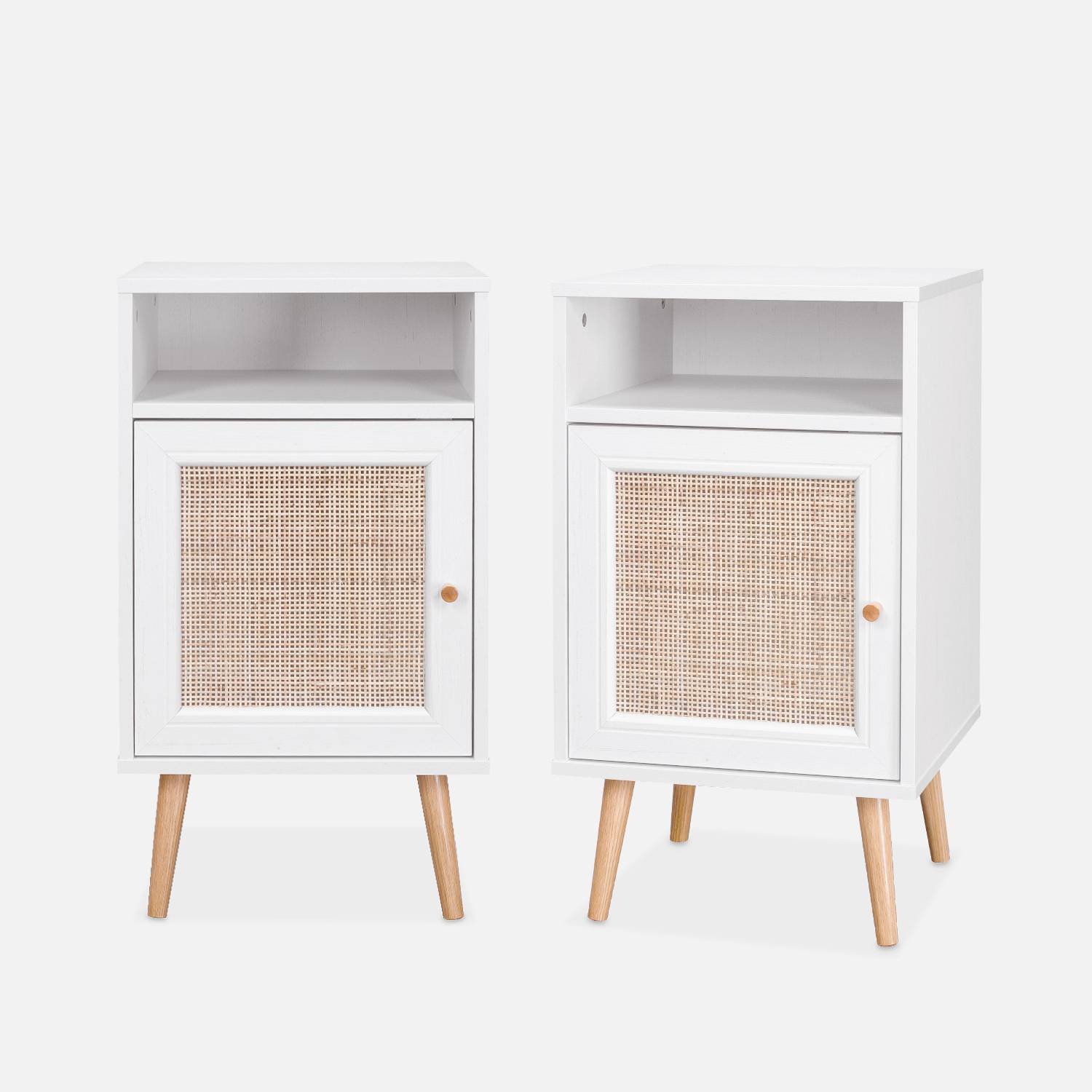 Pair of Scandi-style wood and cane rattan bedside tables with cupboard, 40x39x70cm, White | sweeek
