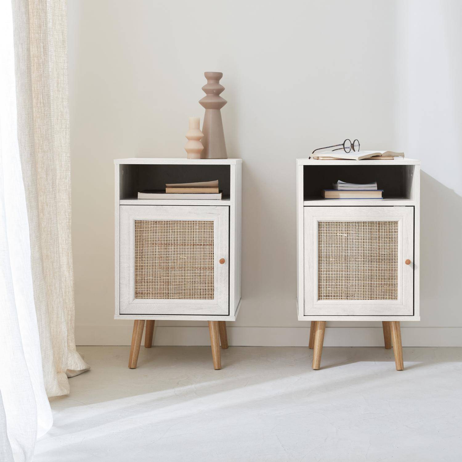 Pair of Scandi-style wood and cane rattan bedside tables with cupboard, 40x39x70cm - Boheme - White Photo2