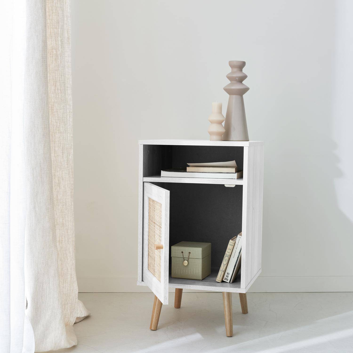 Pair of Scandi-style wood and cane rattan bedside tables with cupboard, 40x39x70cm - Boheme - White Photo3