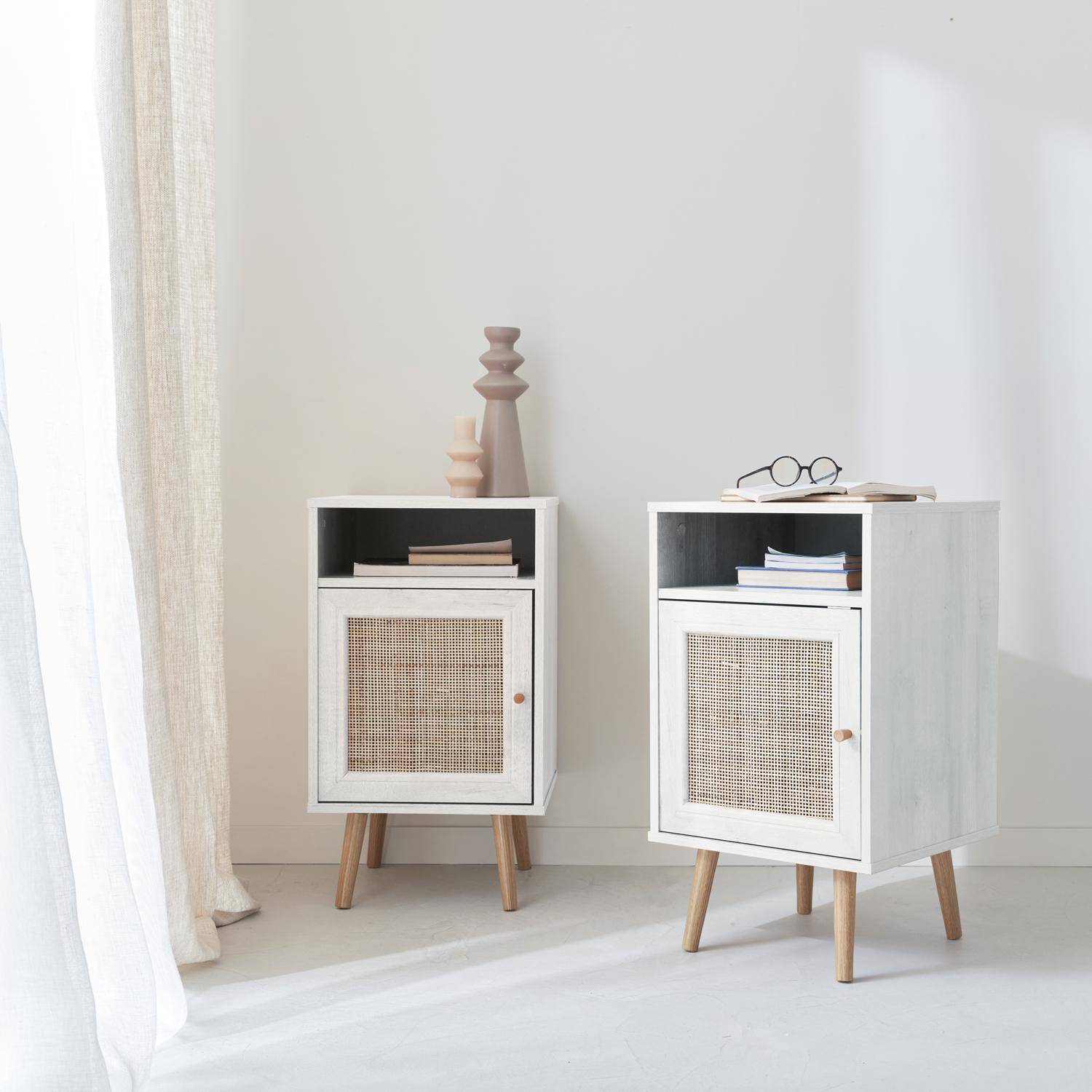 Pair of Scandi-style wood and cane rattan bedside tables with cupboard, 40x39x70cm - Boheme - White Photo1