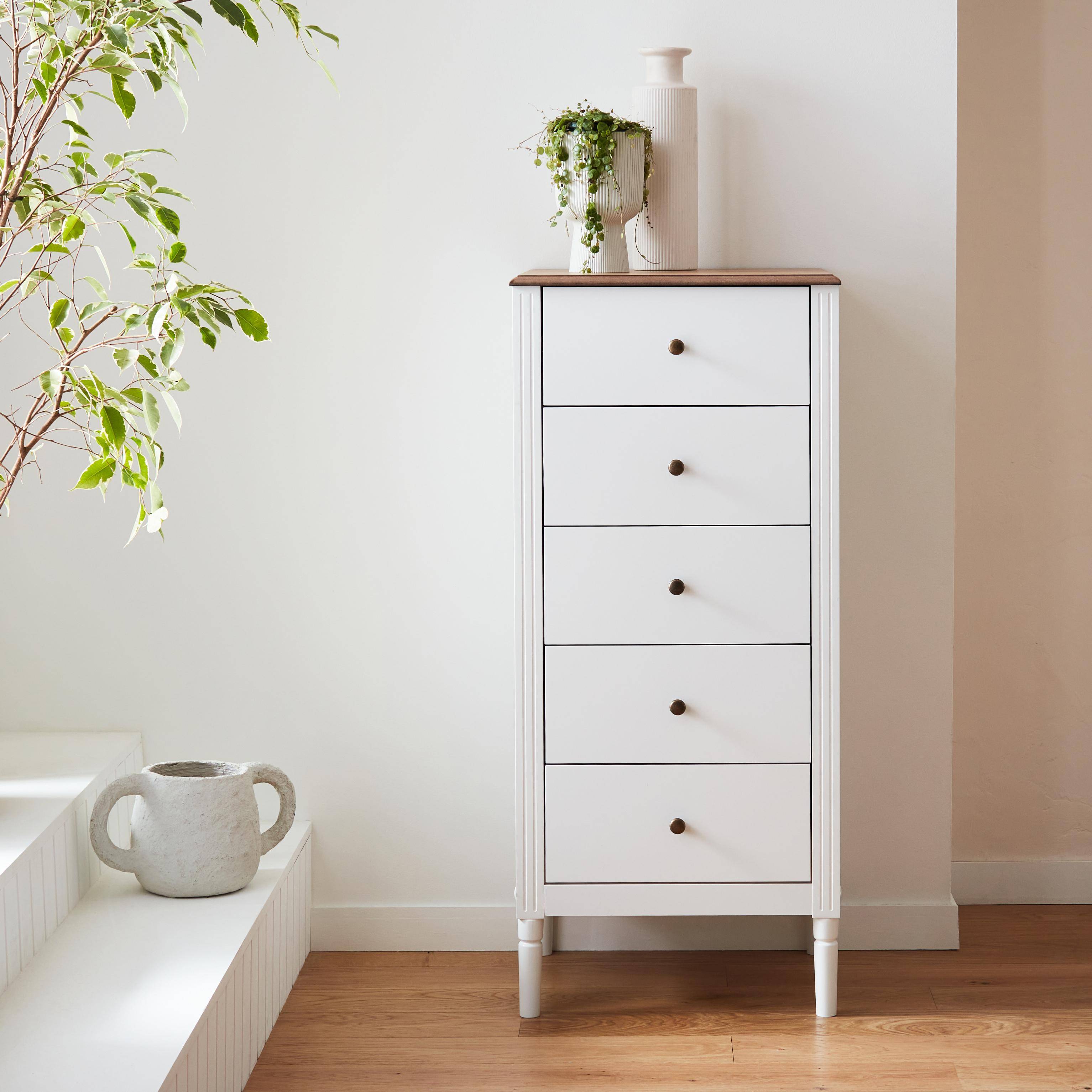 5-drawer chest with pinewood legs, 48x39x108cm, Celeste, White Photo1