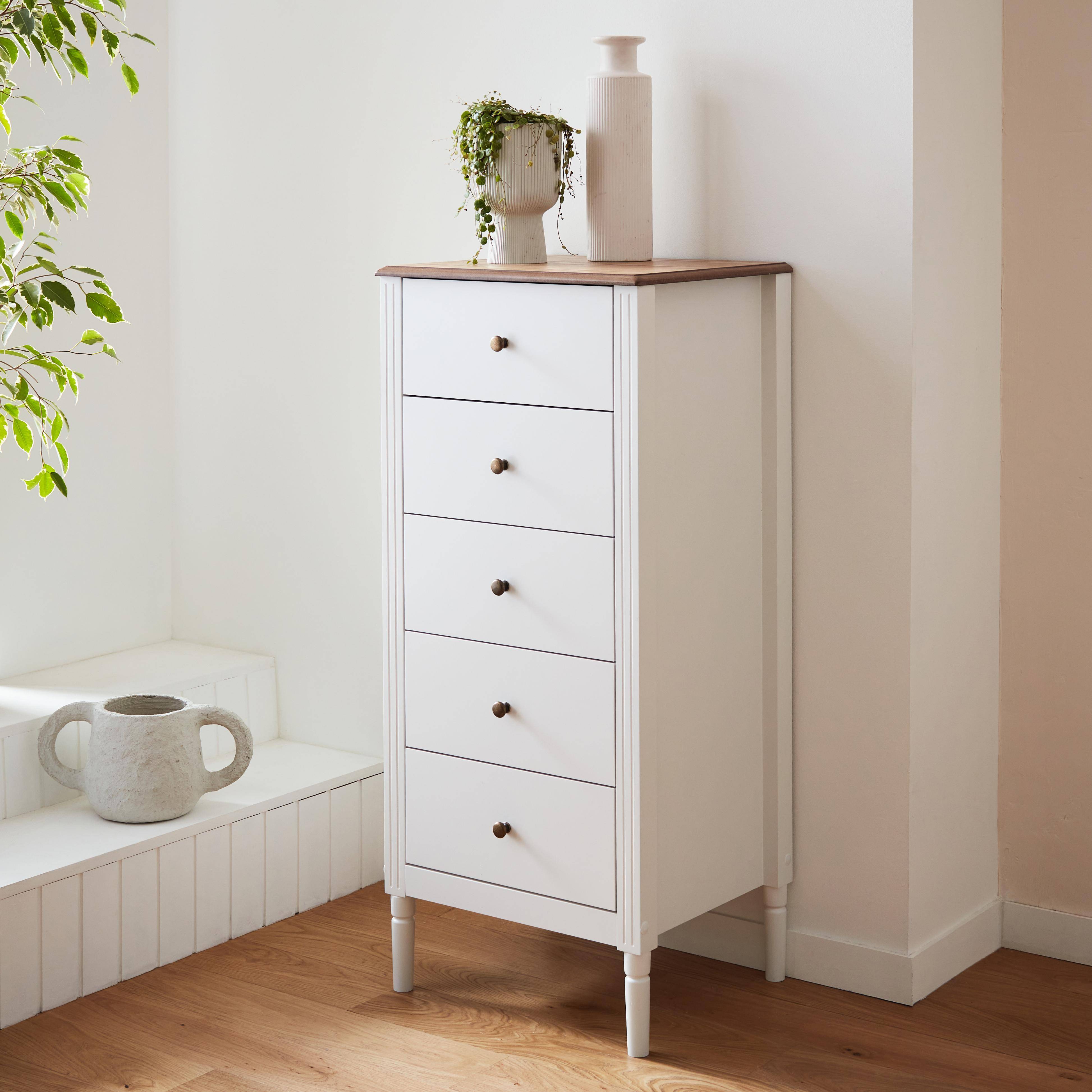 5-drawer chest with pinewood legs, 48x39x108cm, Celeste, White Photo2