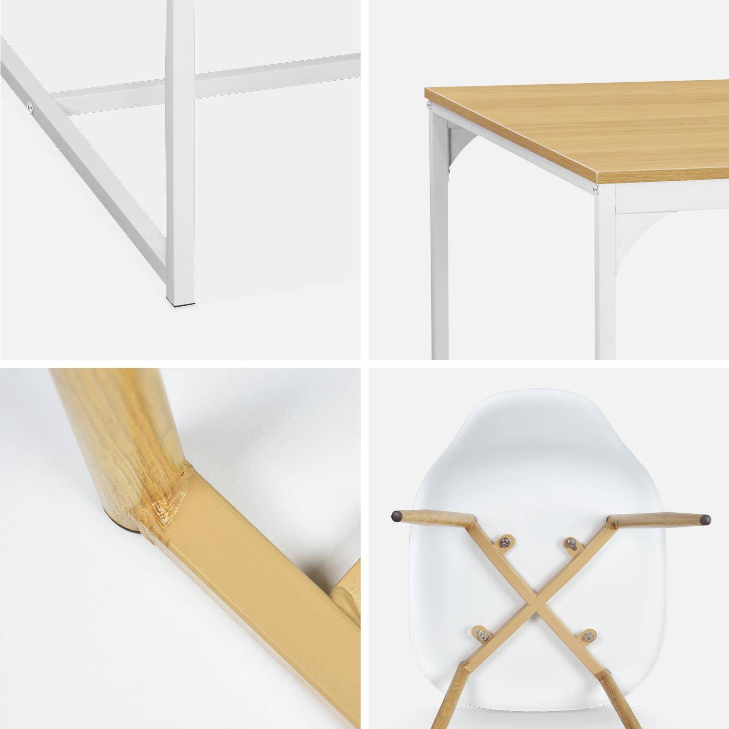 Rechthoekige eettafel wit metaal 150cm + 4 eetkamerstoelen stoelen, houtkleurige metalen poten, witte zitting,sweeek,Photo4