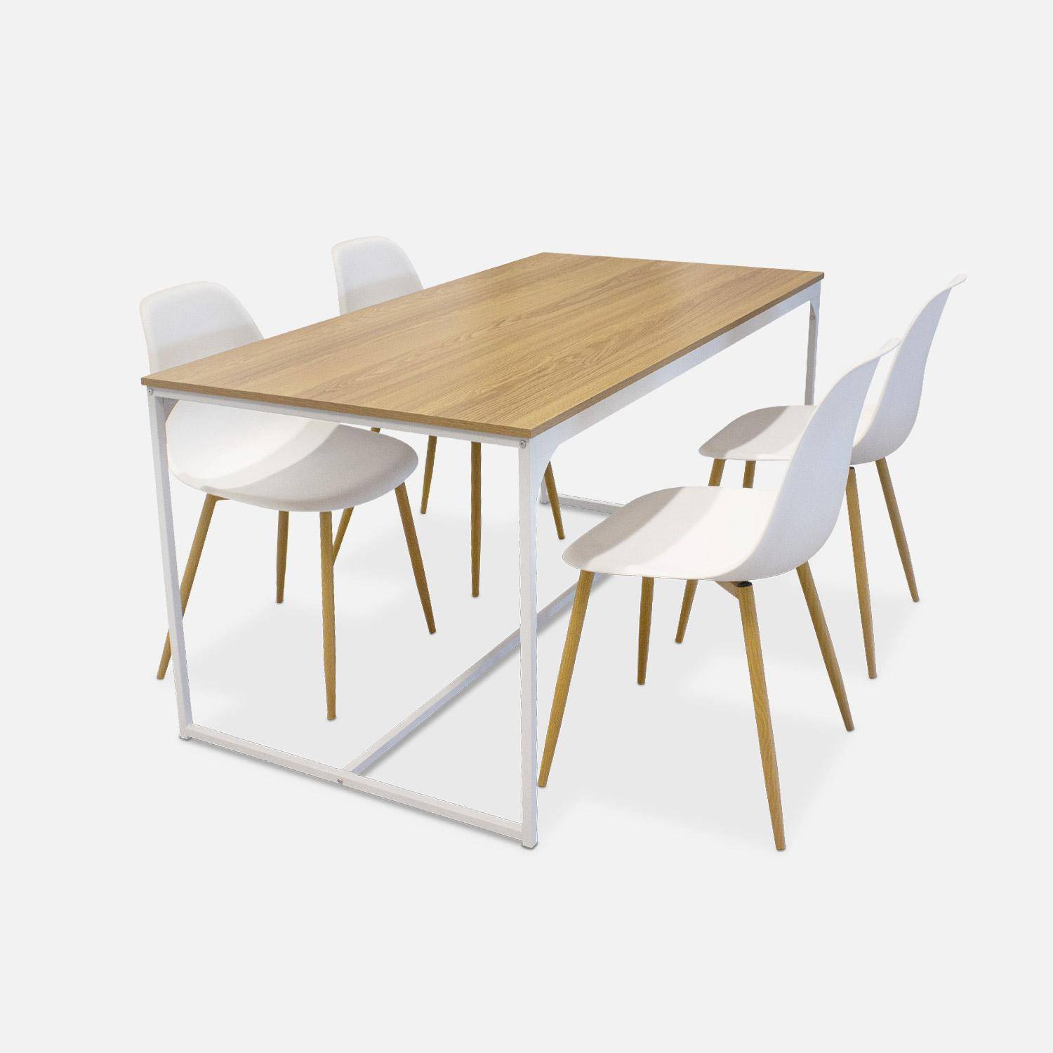 Rechthoekige eettafel wit metaal 150cm + 4 eetkamerstoelen stoelen, houtkleurige metalen poten, witte zitting,sweeek,Photo5