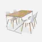 Rechthoekige eettafel wit metaal 150cm + 4 eetkamerstoelen stoelen, houtkleurige metalen poten, witte zitting Photo5