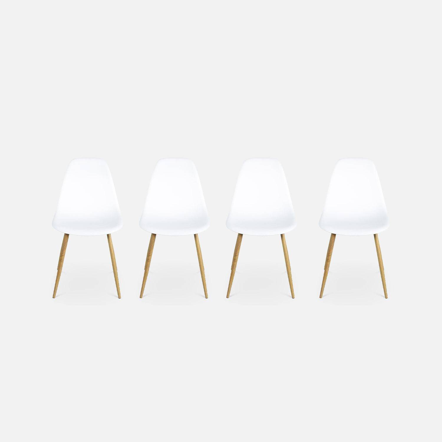 Rechthoekige eettafel wit metaal 150cm + 4 eetkamerstoelen stoelen, houtkleurige metalen poten, witte zitting,sweeek,Photo2