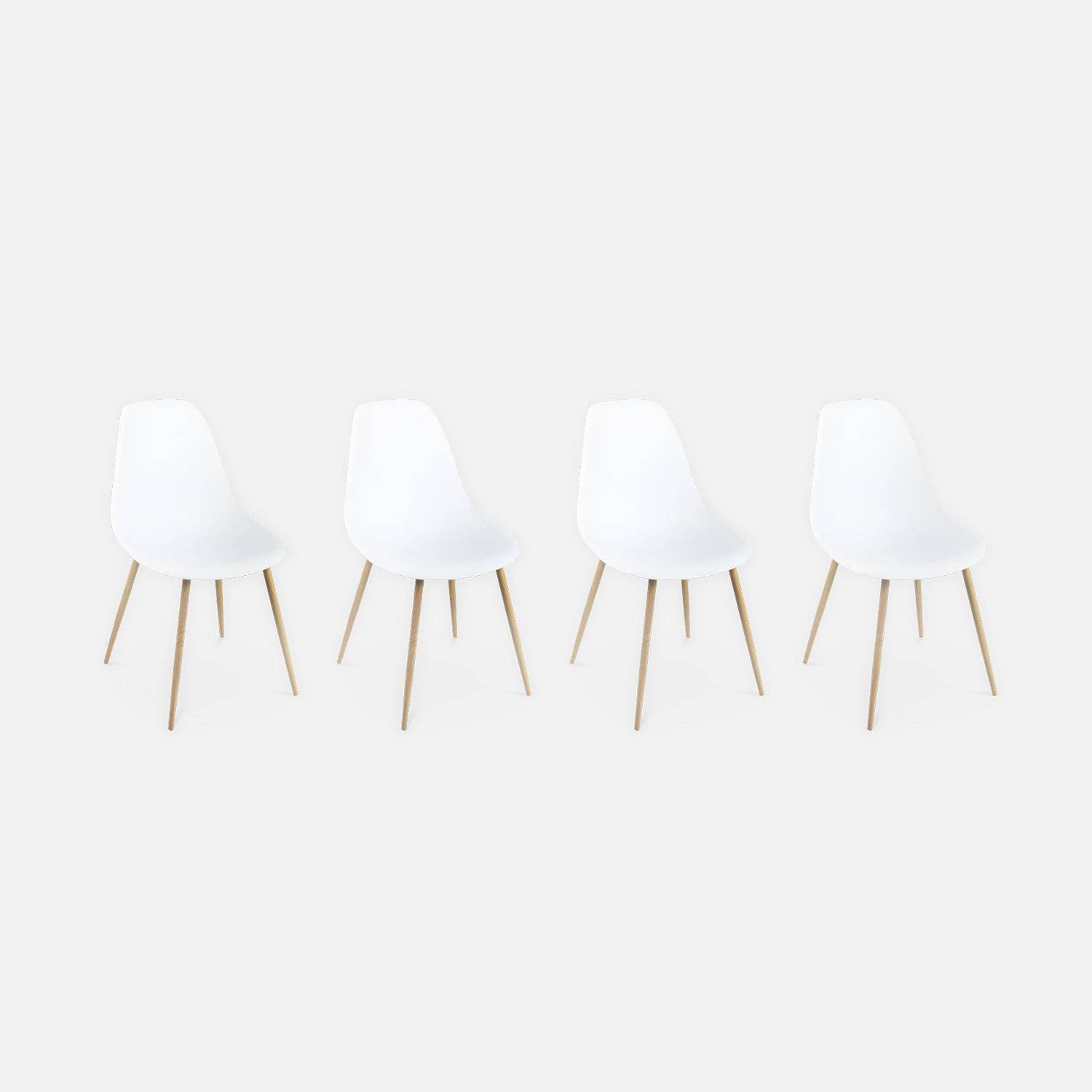 Rechthoekige eettafel wit metaal 150cm + 4 eetkamerstoelen stoelen, houtkleurige metalen poten, witte zitting,sweeek,Photo7