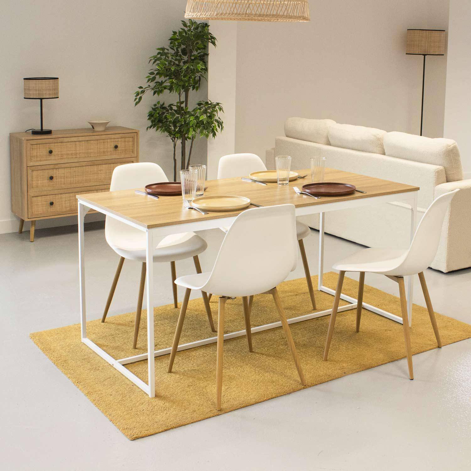 Rechthoekige eettafel wit metaal 150cm + 4 eetkamerstoelen stoelen, houtkleurige metalen poten, witte zitting,sweeek,Photo1