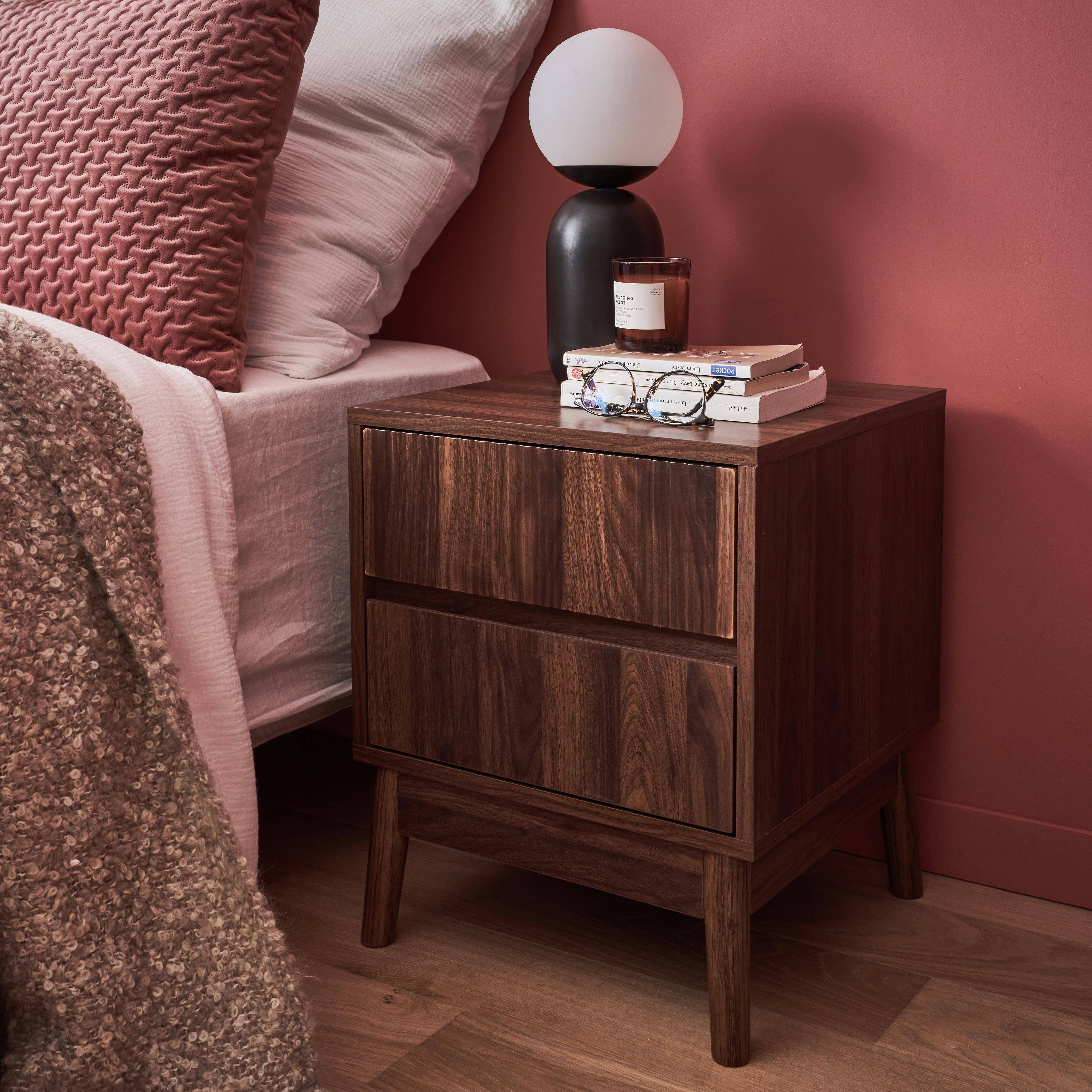 Two-drawer bedside table, walnut decor and pine base - Linear Photo2