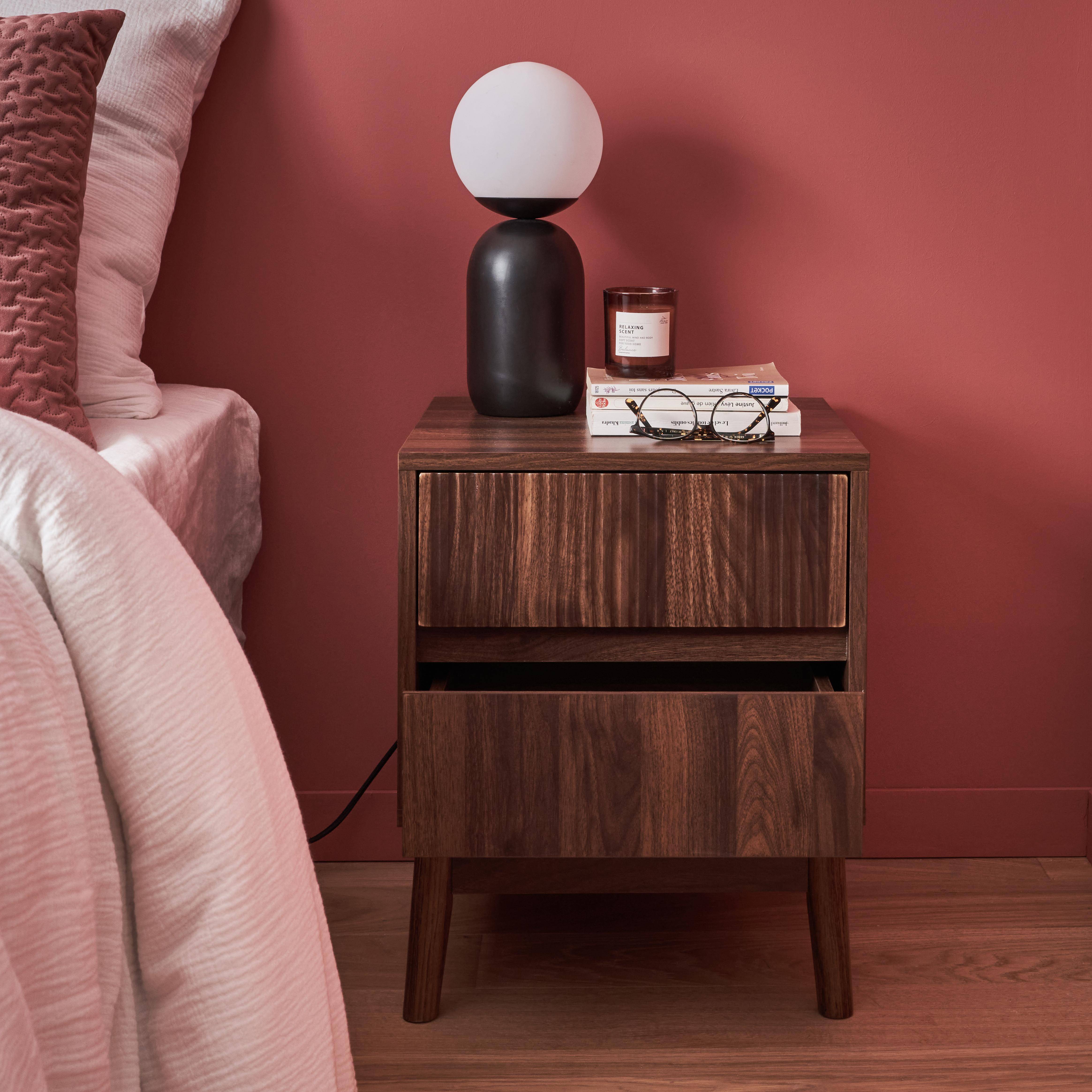 Pair of grooved wooden bedside tables with 2 drawers, 40x39x48cm - Linear - Dark Wood colour Photo3