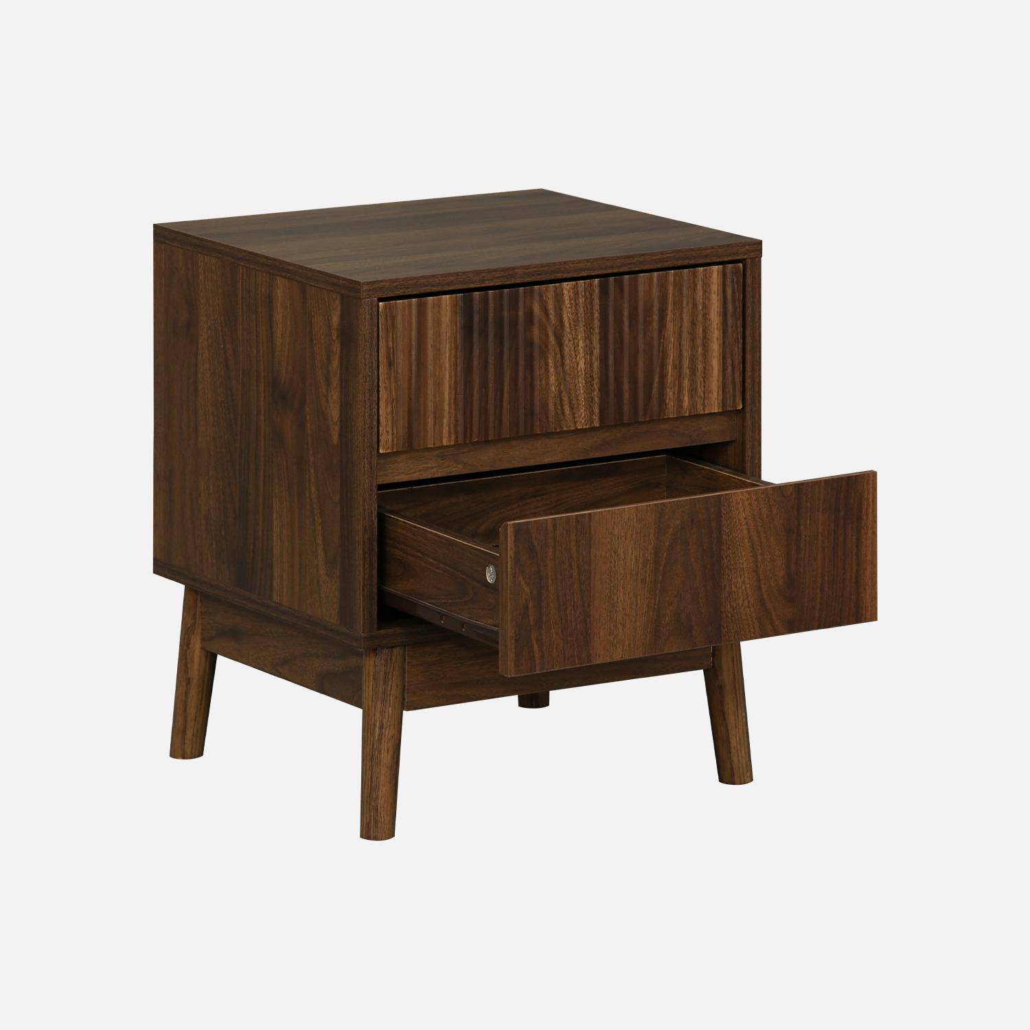 Pair of grooved wooden bedside tables with 2 drawers, 40x39x48cm - Linear - Dark Wood colour Photo6