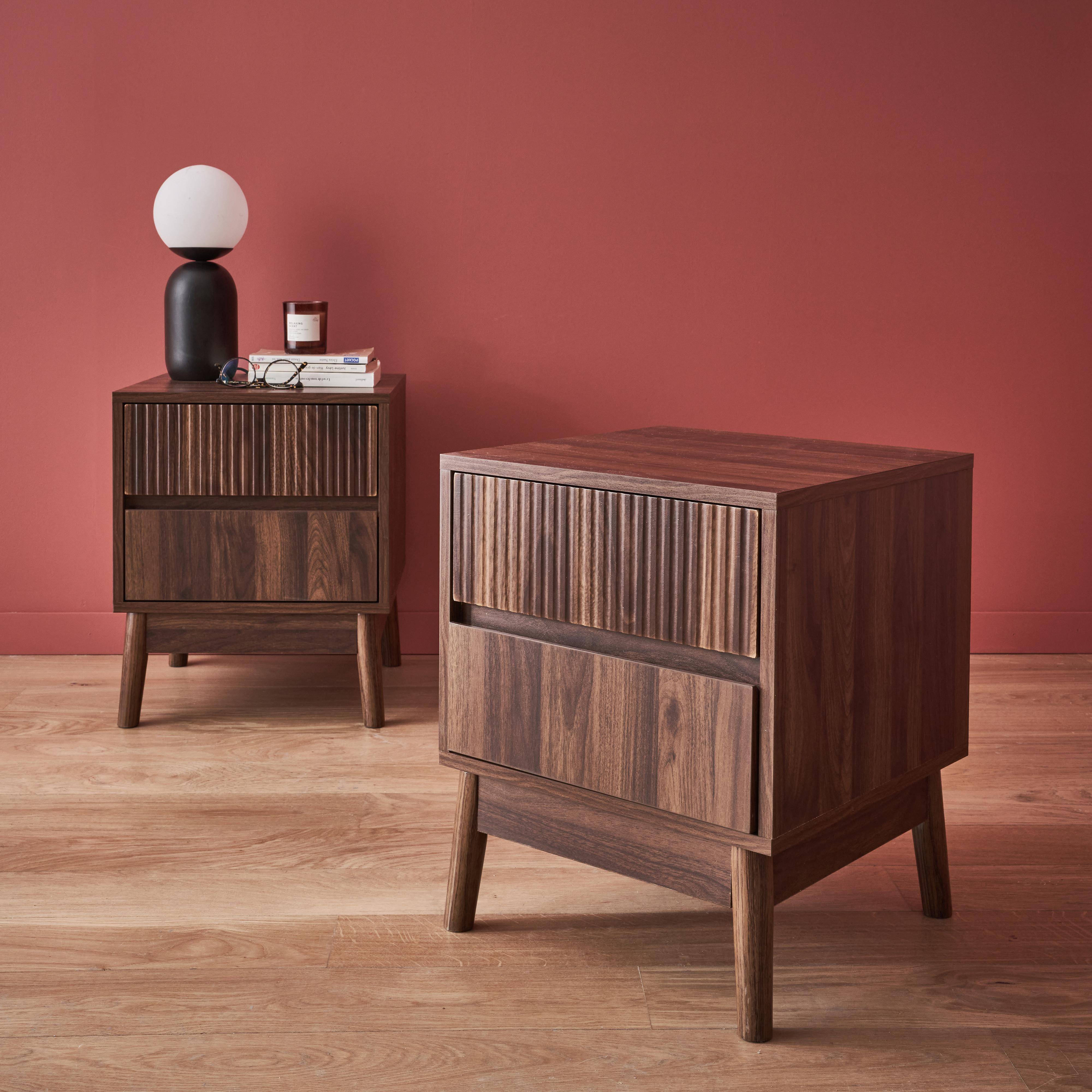 Pair of grooved wooden bedside tables with 2 drawers, 40x39x48cm - Linear - Dark Wood colour Photo1