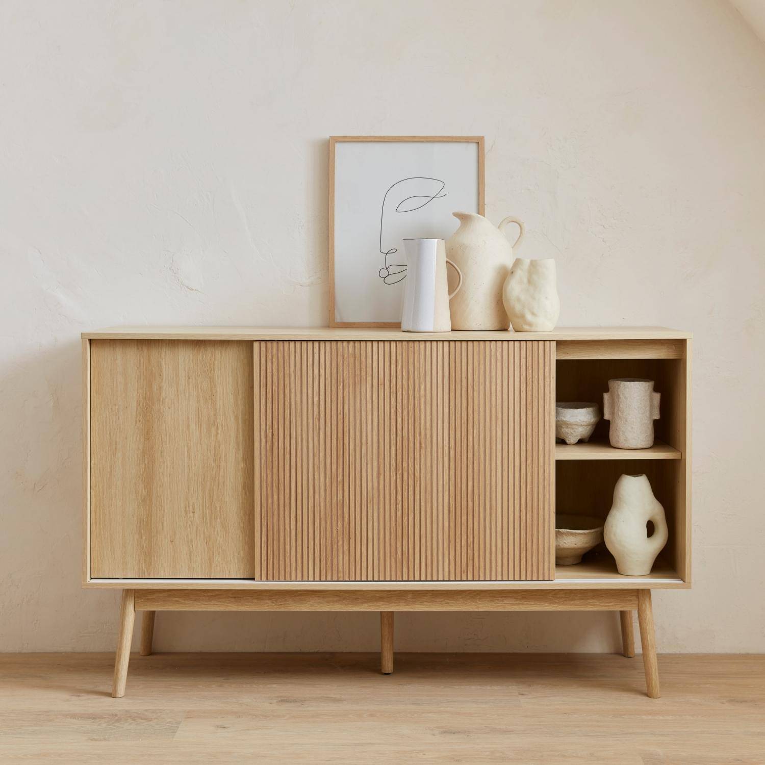 Sideboard mit Naturholzdekor, 2 Schiebetüren, 2 Schubladen